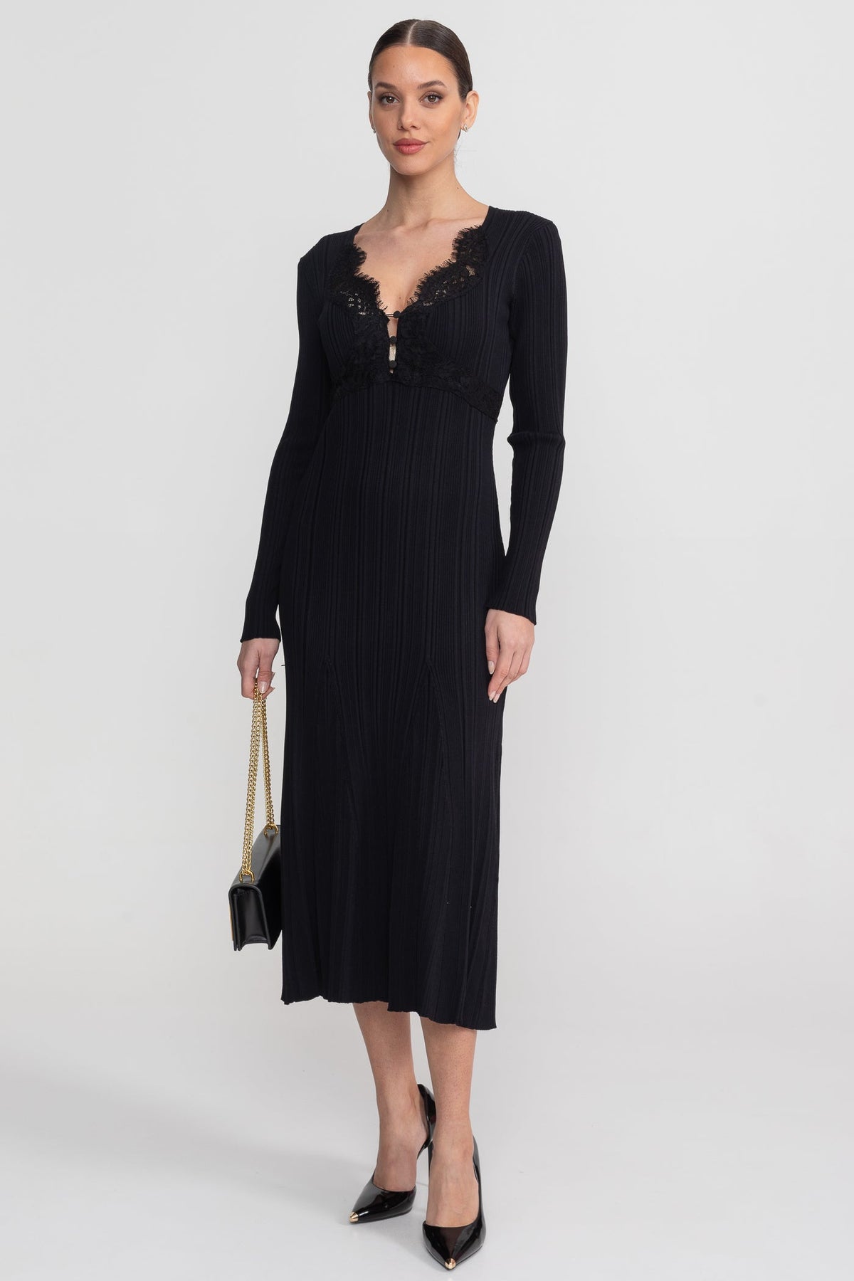 Ribbed Long Sleeve Midi Dress With Lace-Trim V-Neckline - Black - View 6