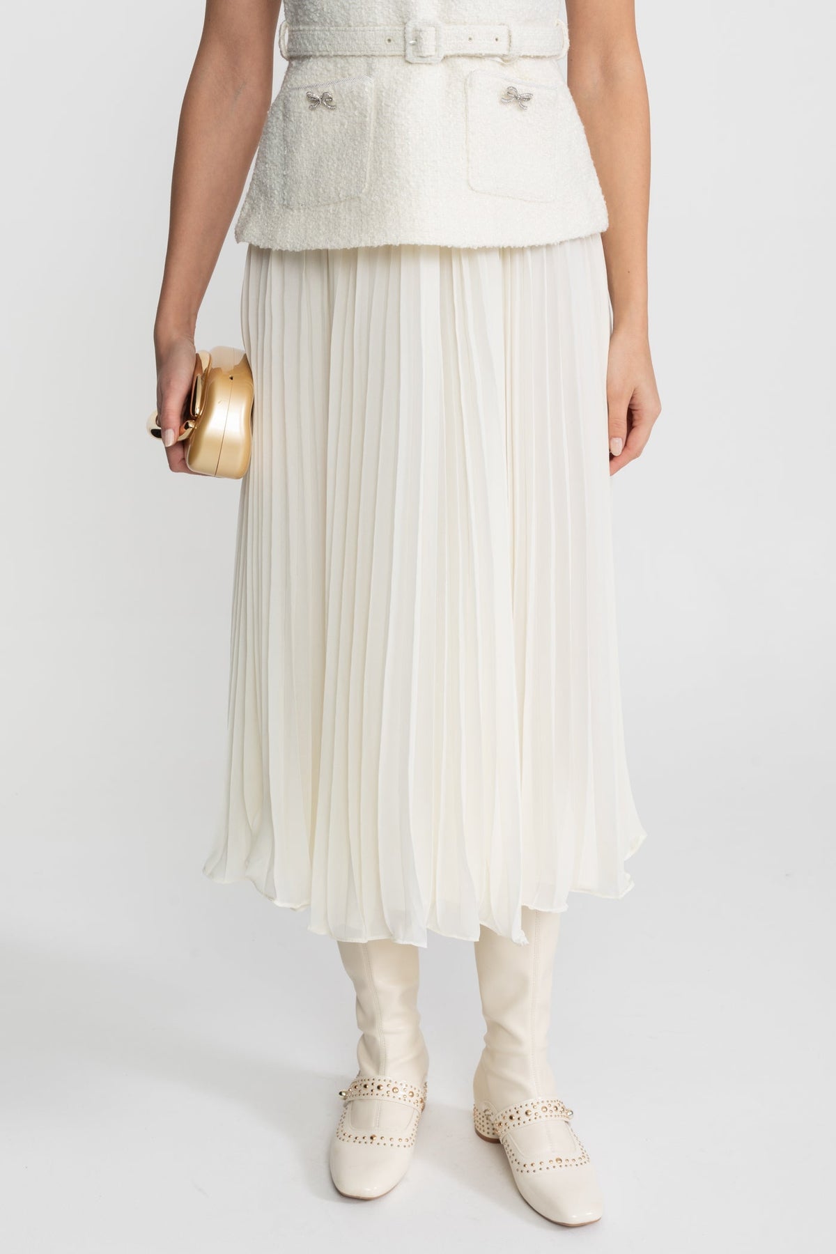 Sleeveless Textured Midi Dress with Pleated Chiffon Skirt – Ivoire - View 6