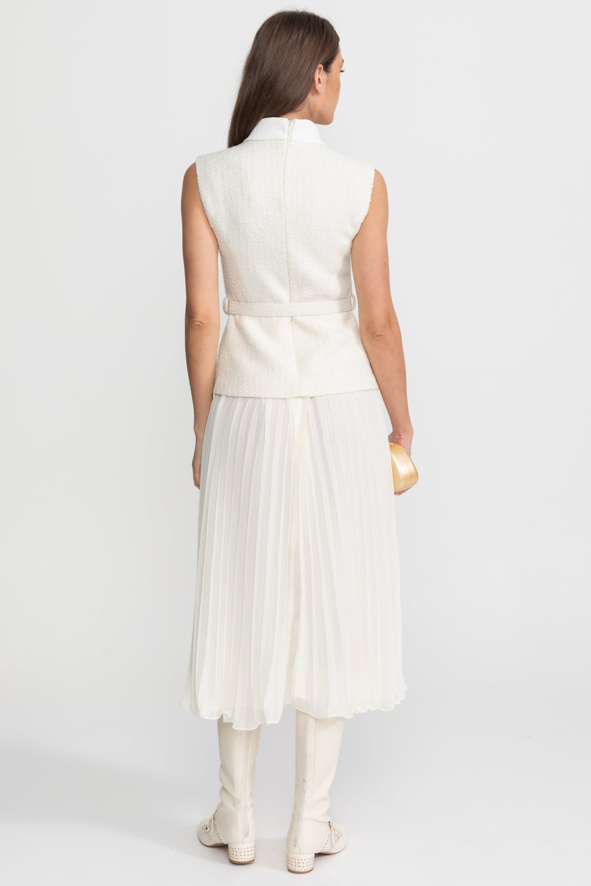 Sleeveless Textured Midi Dress with Pleated Chiffon Skirt – Ivoire - View 9