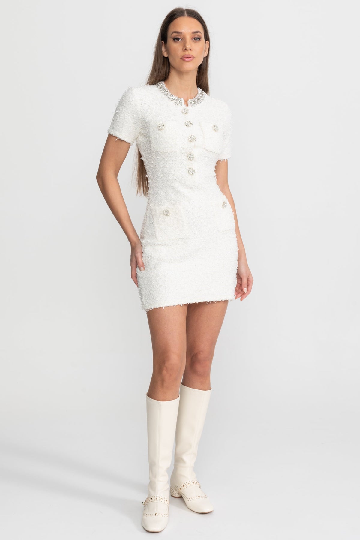 Tweed Rhinestone Collar Crystal Button Patch Pocket Mini Dress