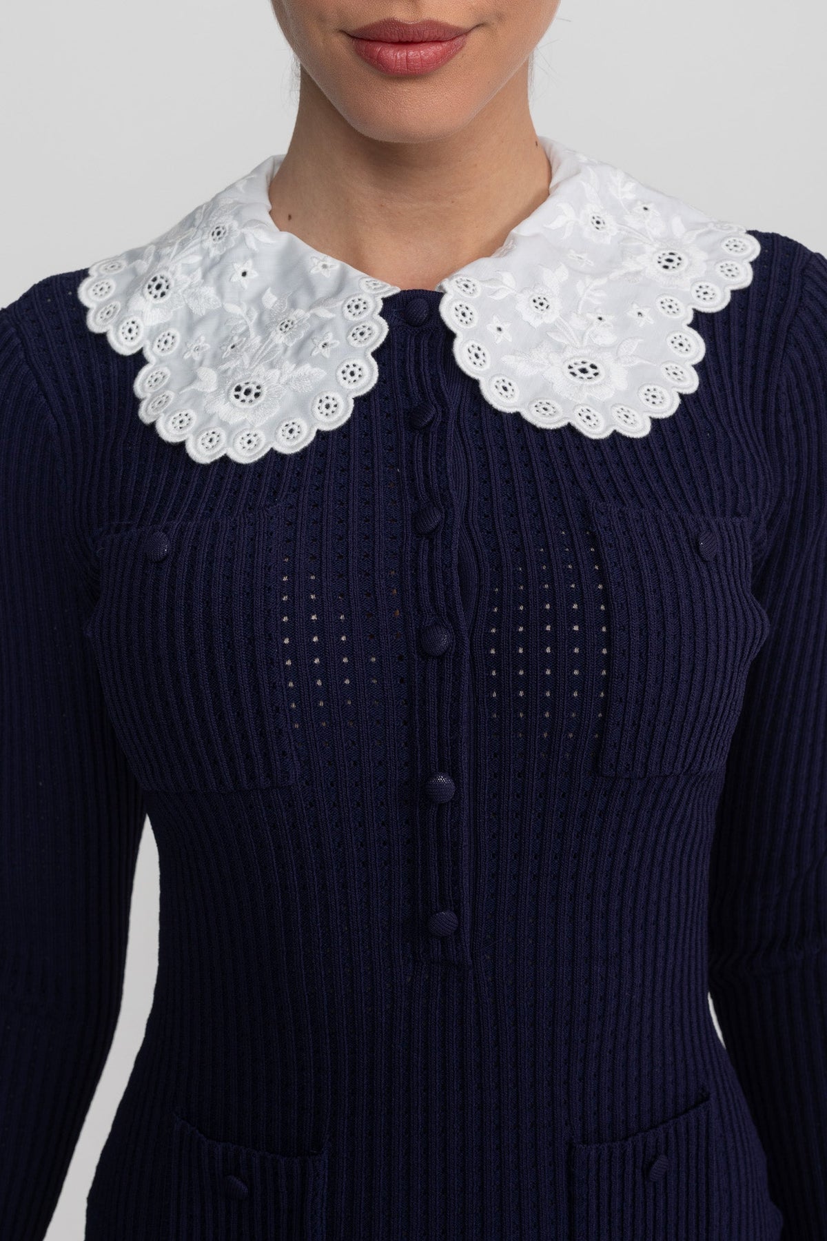 Knit Long Sleeve Mini Dress With Broderie Collar - Navy - View 4