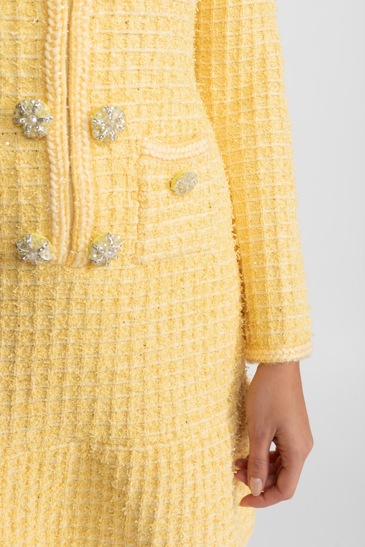 Long Sleeve Crystal Button Four Pocket Tweed Texture Mini Dress - View 5