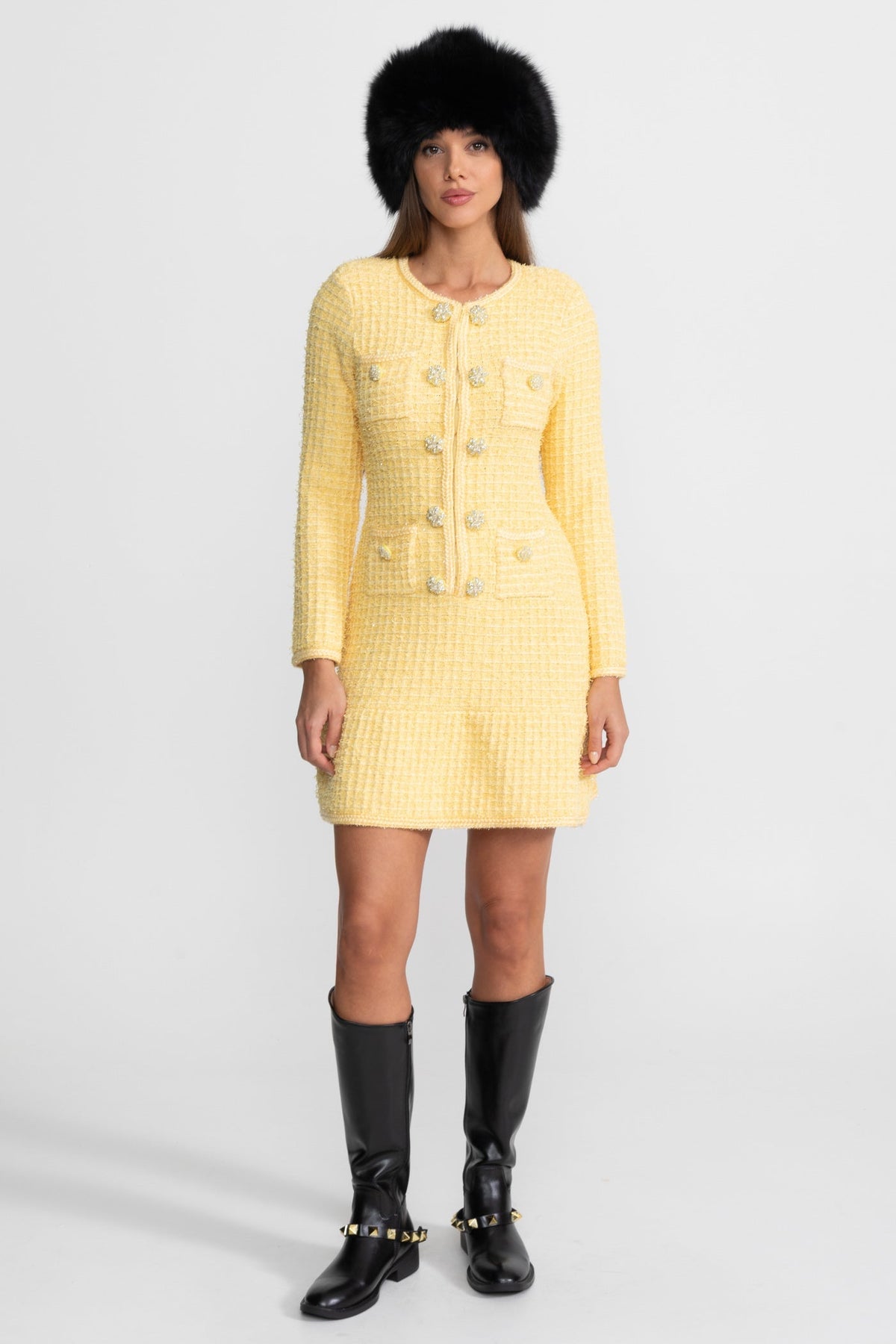 Long Sleeve Crystal Button Four Pocket Tweed Texture Mini Dress