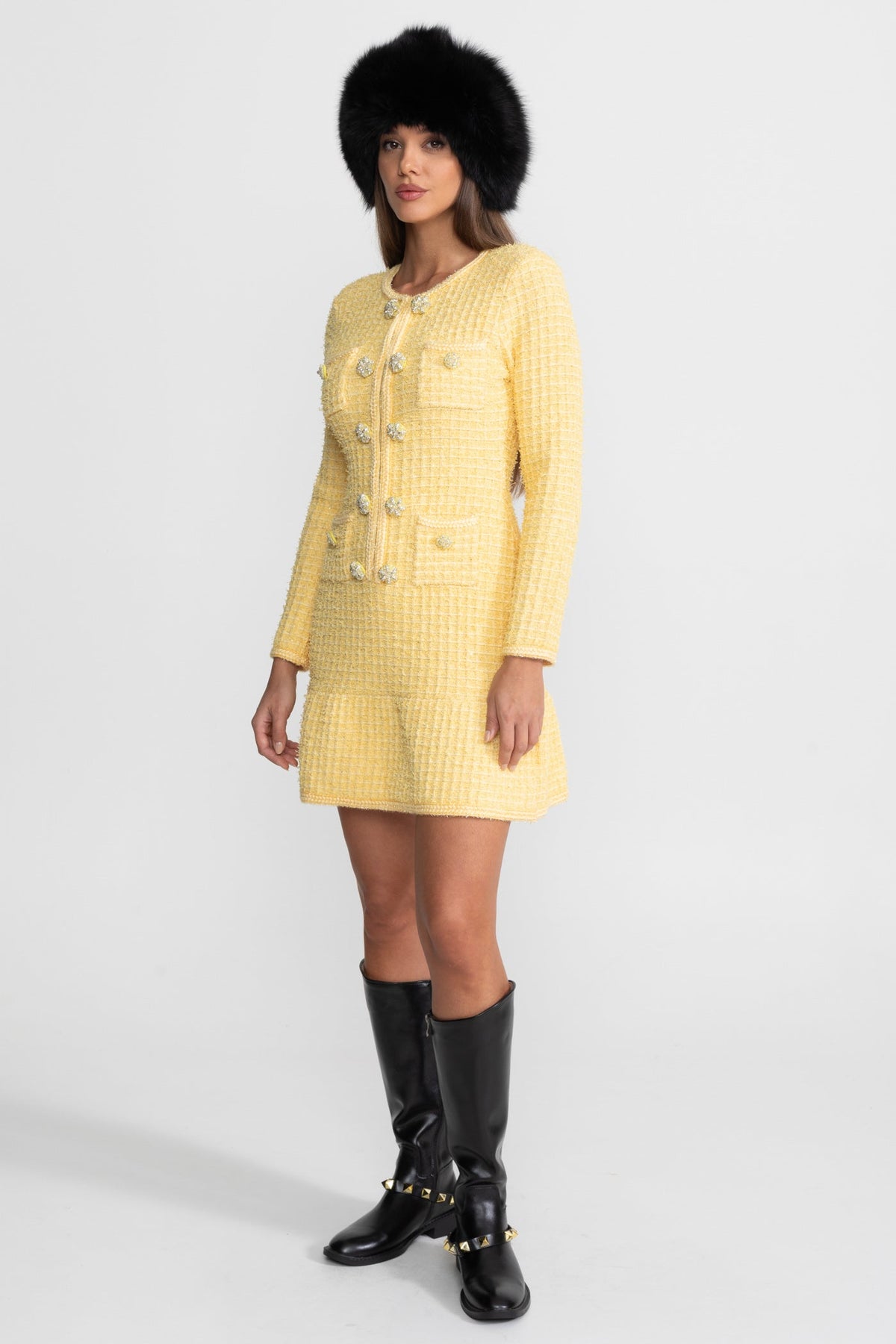 Long Sleeve Crystal Button Four Pocket Tweed Texture Mini Dress - View 3