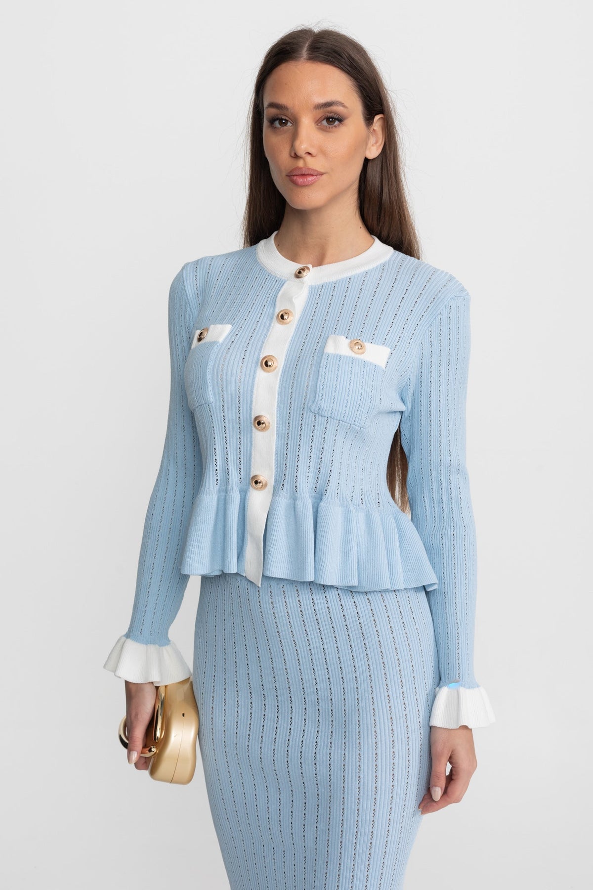 Pointelle Knit Midi Co-Ord with Contrast Trim – Baby Blue - View 6