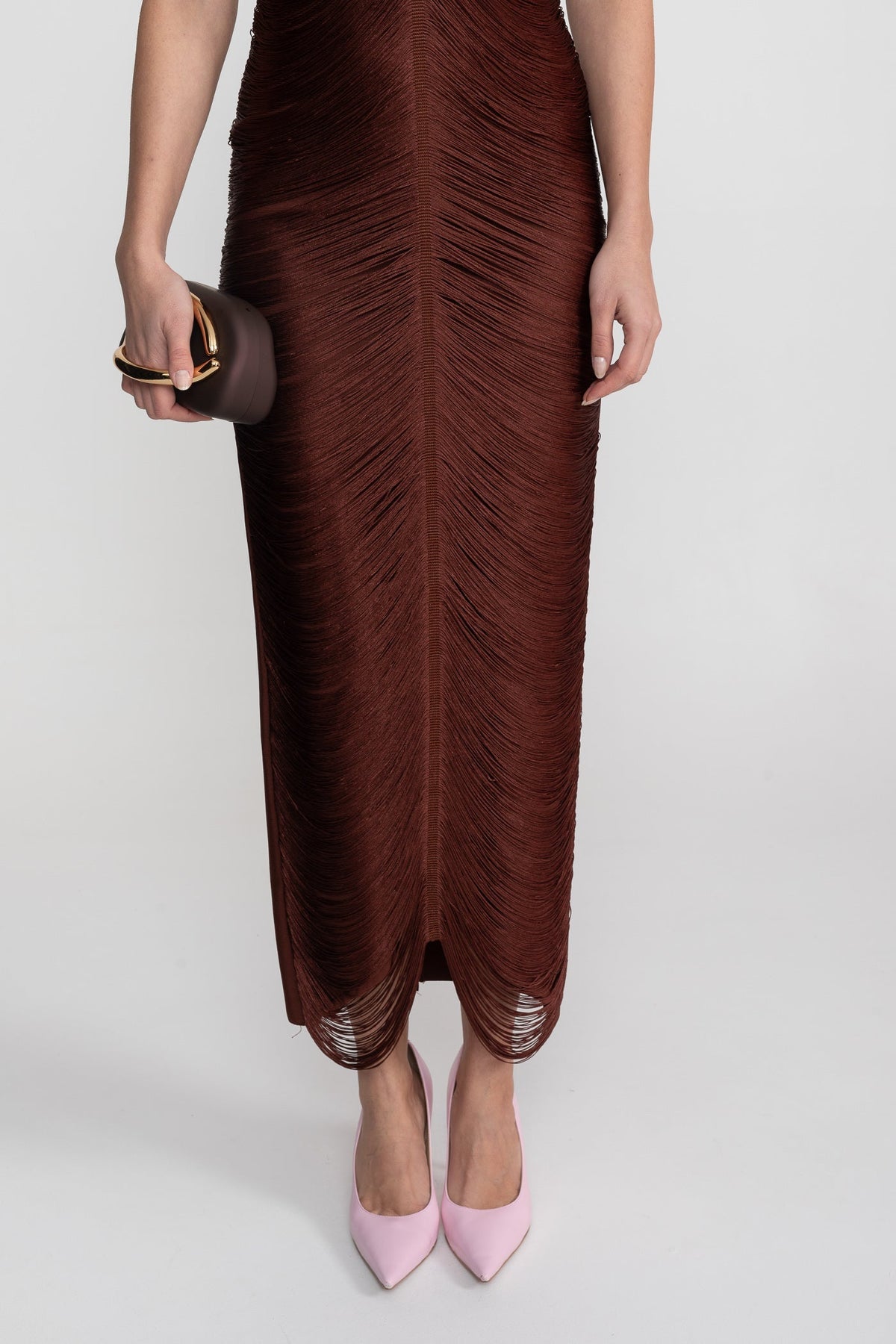 Halter Neck Midi Dress With All-Over Pleated Texture - Brown - View 6