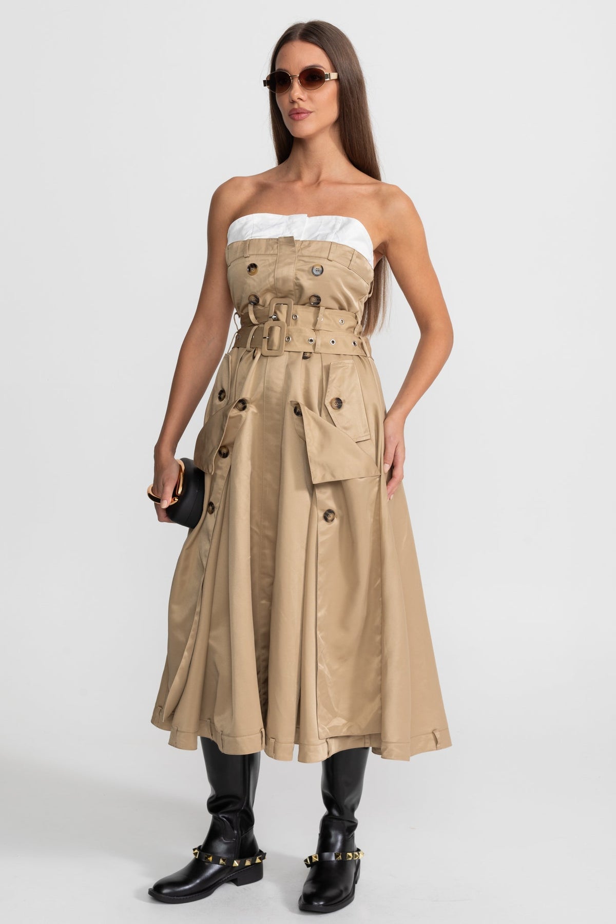 Strapless Trench Midi Dress With Belted Waist – Beige - View 4
