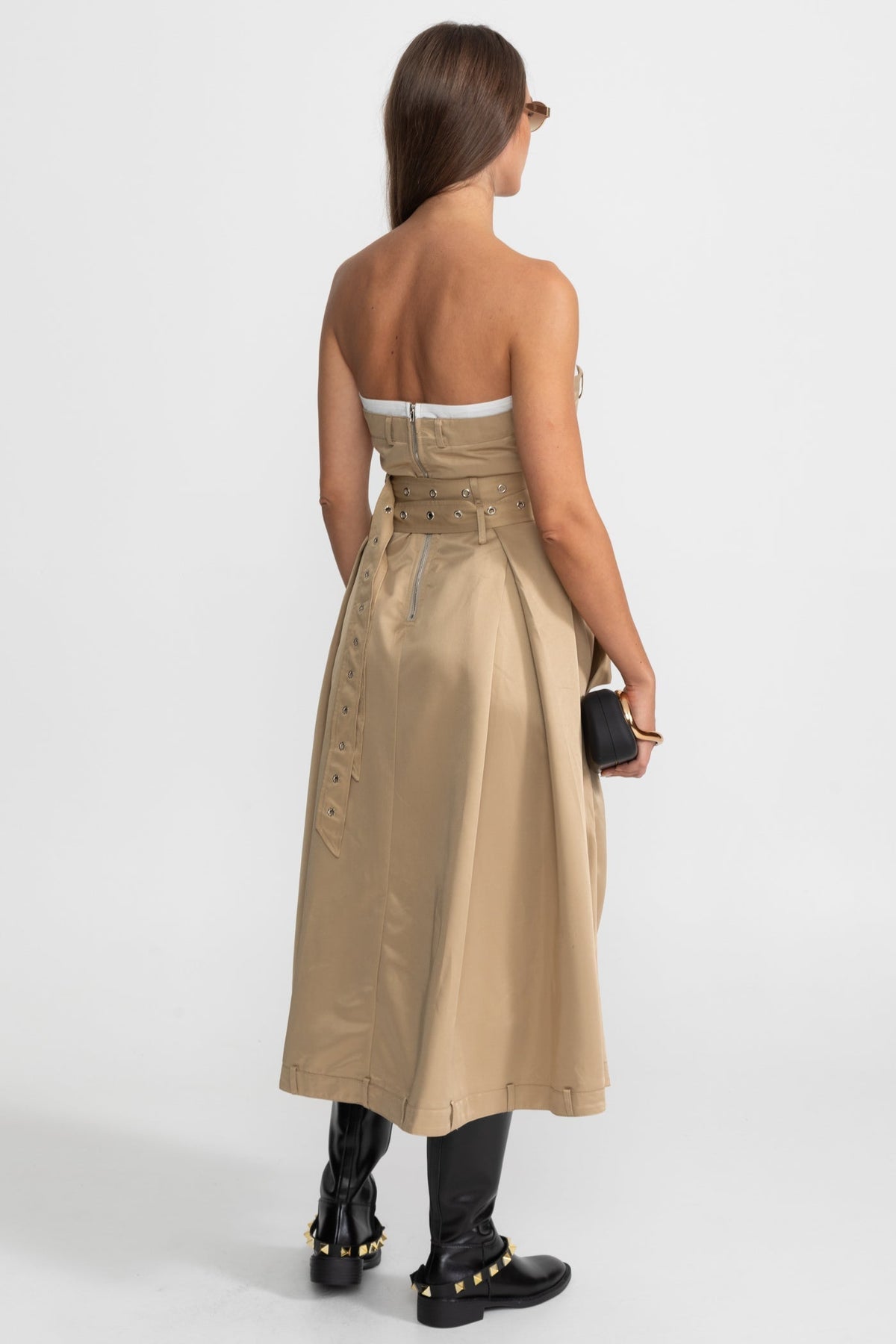 Strapless Trench Midi Dress With Belted Waist – Beige - View 6