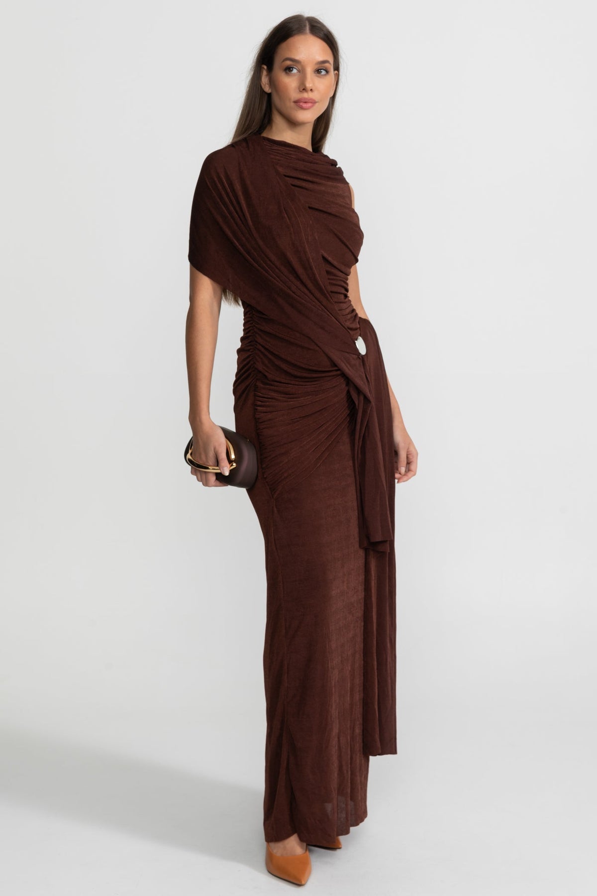 Jersey Asymmetrical Draped Shoulder Sash Ruched Metal Buckle Maxi Gown - View 3