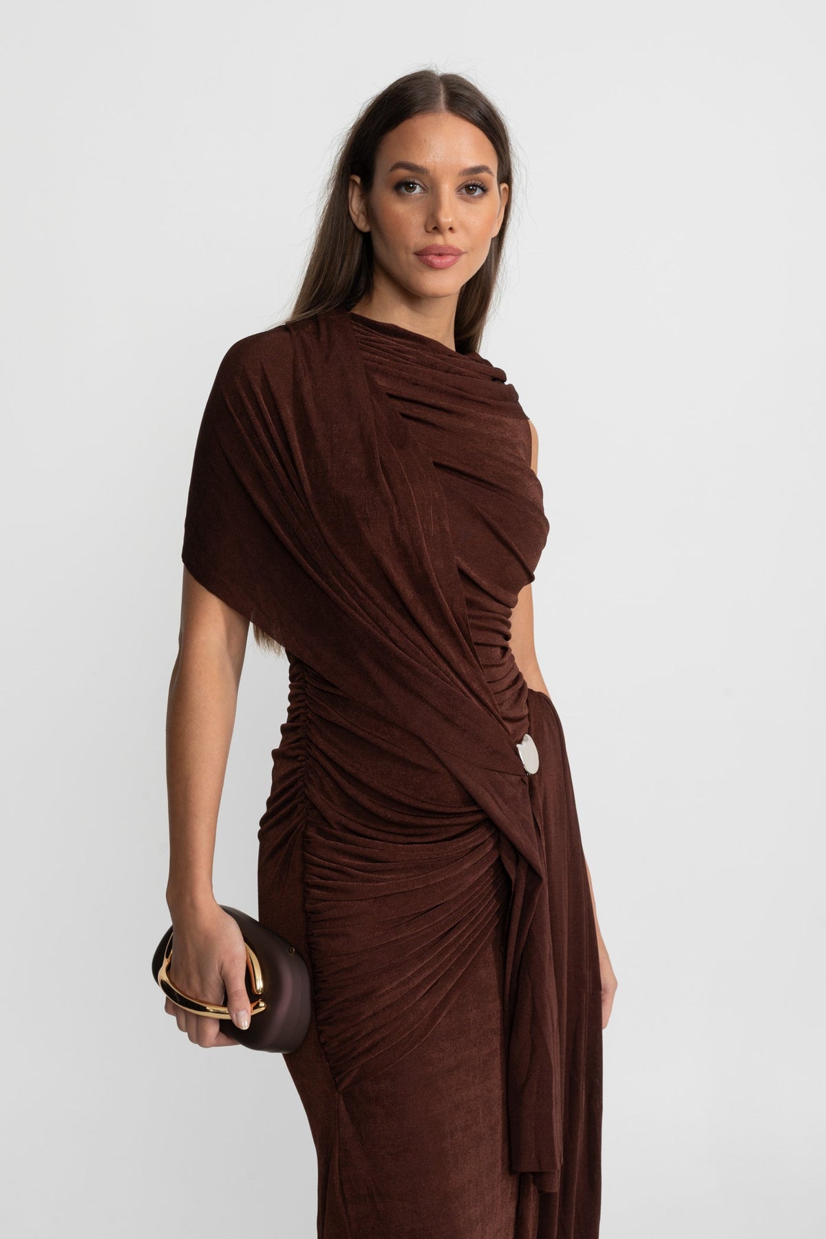 Jersey Asymmetrical Draped Shoulder Sash Ruched Metal Buckle Maxi Gown - View 2