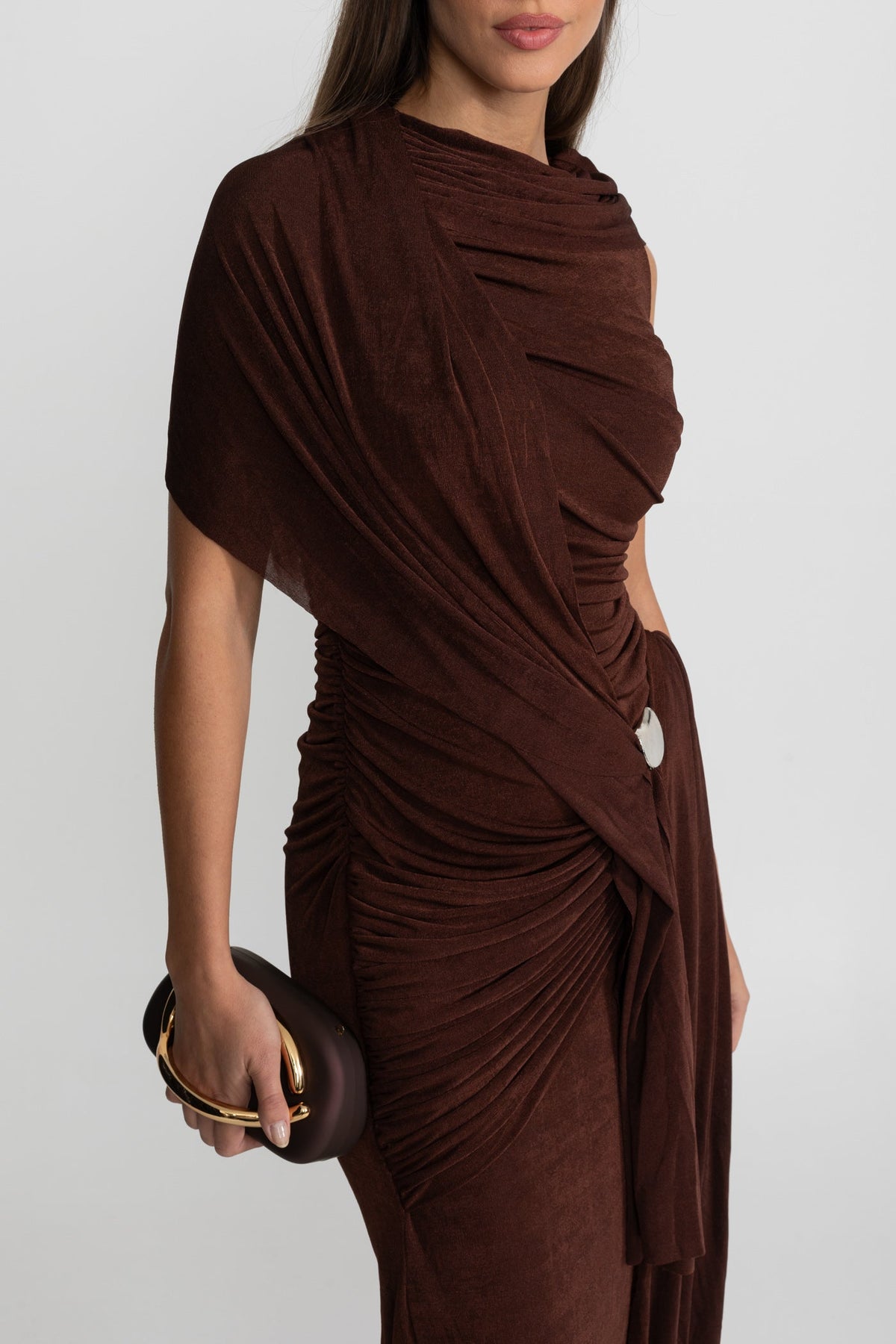 Jersey Asymmetrical Draped Shoulder Sash Ruched Metal Buckle Maxi Gown - View 4