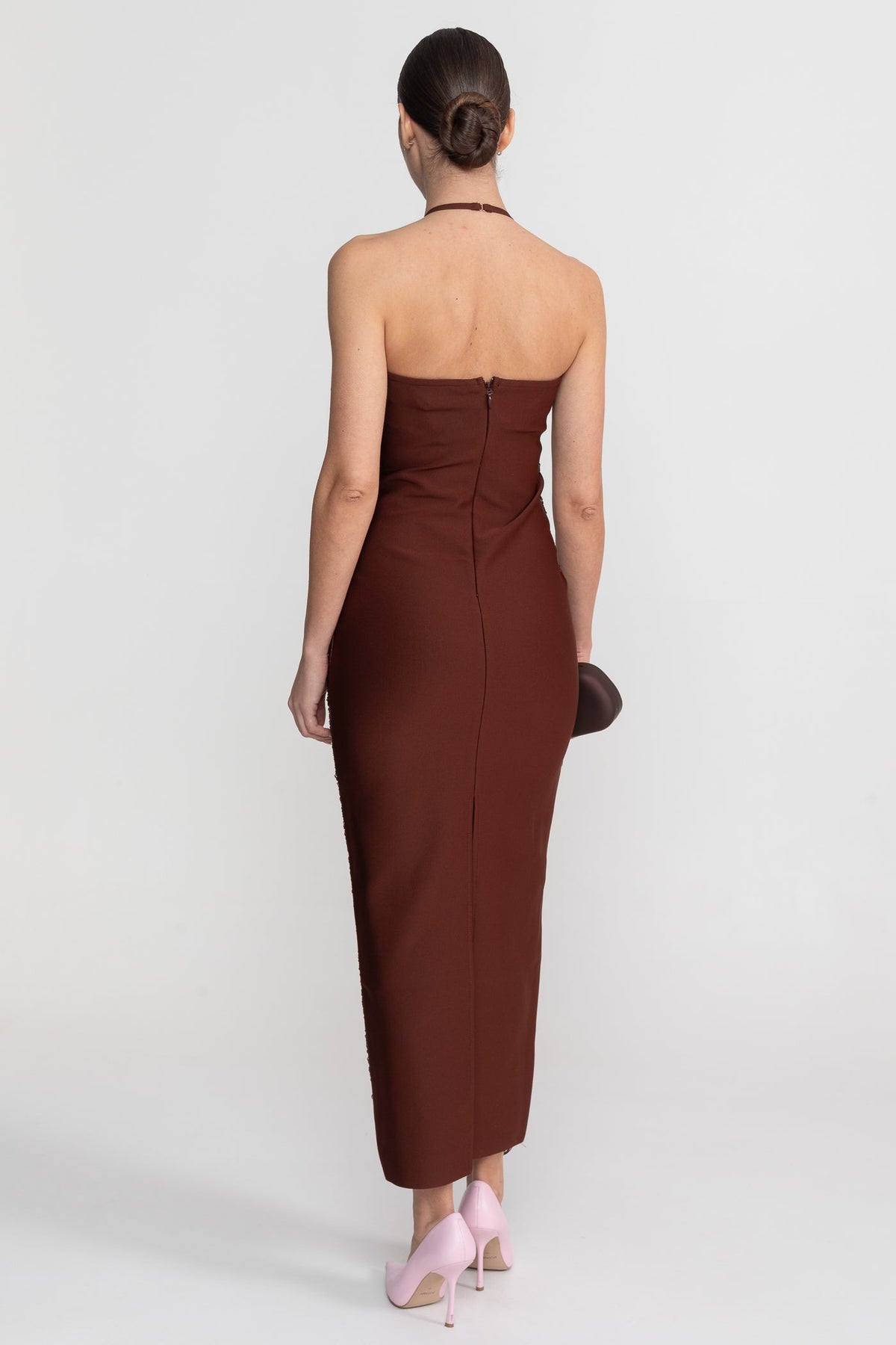 Halter Neck Midi Dress With All-Over Pleated Texture - Brown - View 7
