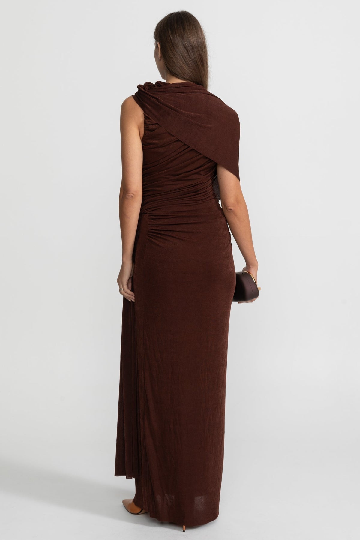 Jersey Asymmetrical Draped Shoulder Sash Ruched Metal Buckle Maxi Gown - View 6