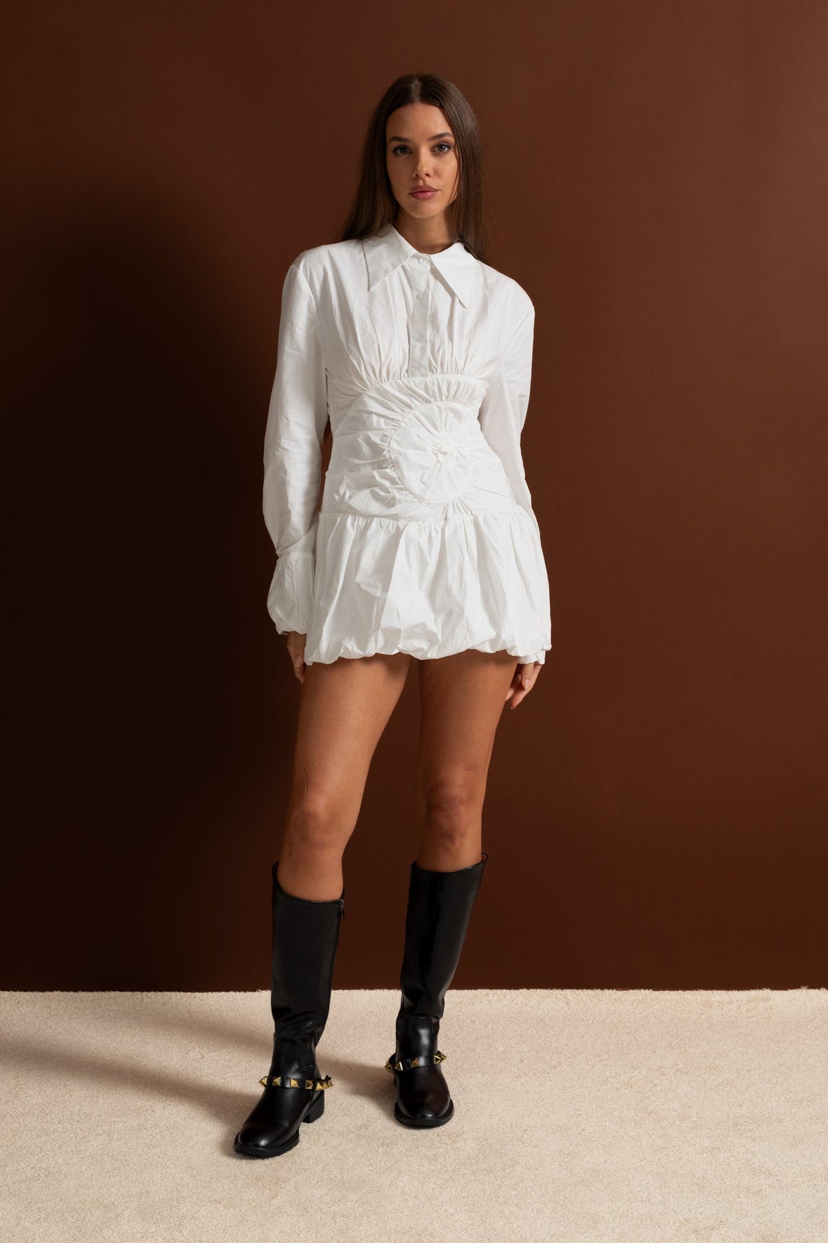 Mini Dress Shirt with Circular Ruched Waist Detail - White - View 2