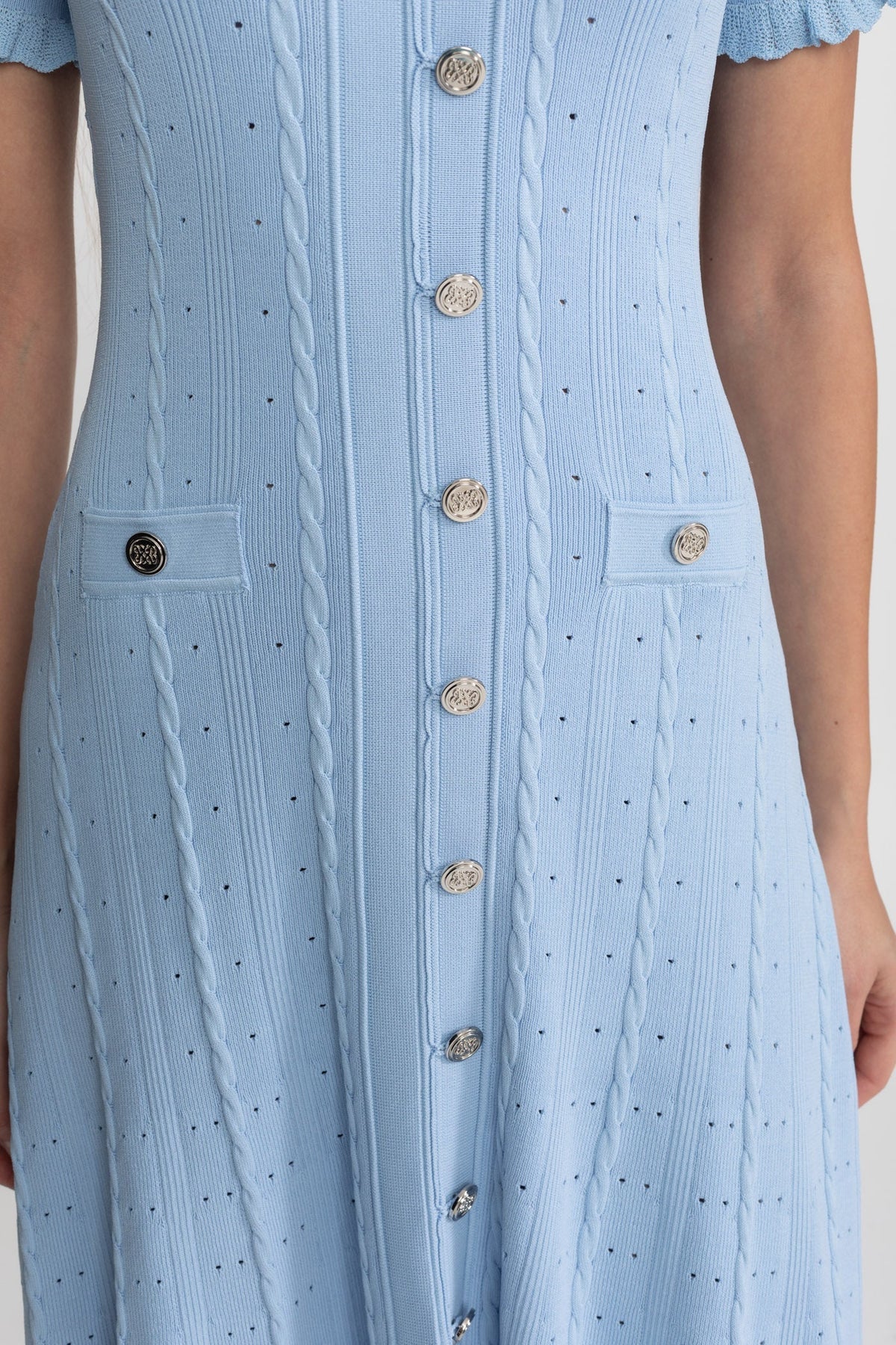 Knit Button-Front Midi Dress with Scalloped Sleeves – Baby Blue - View 8