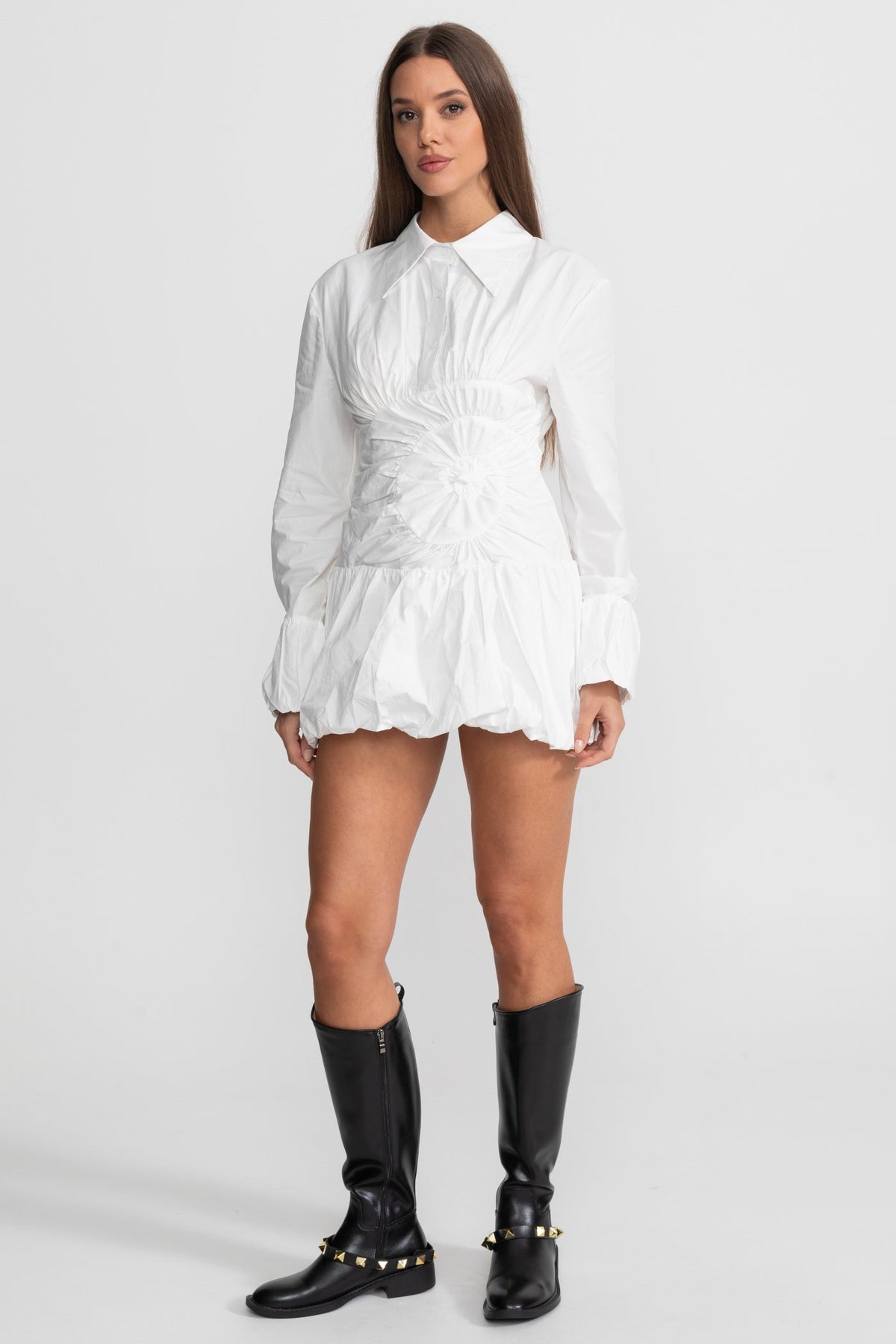 Mini Dress Shirt with Circular Ruched Waist Detail - White - View 3