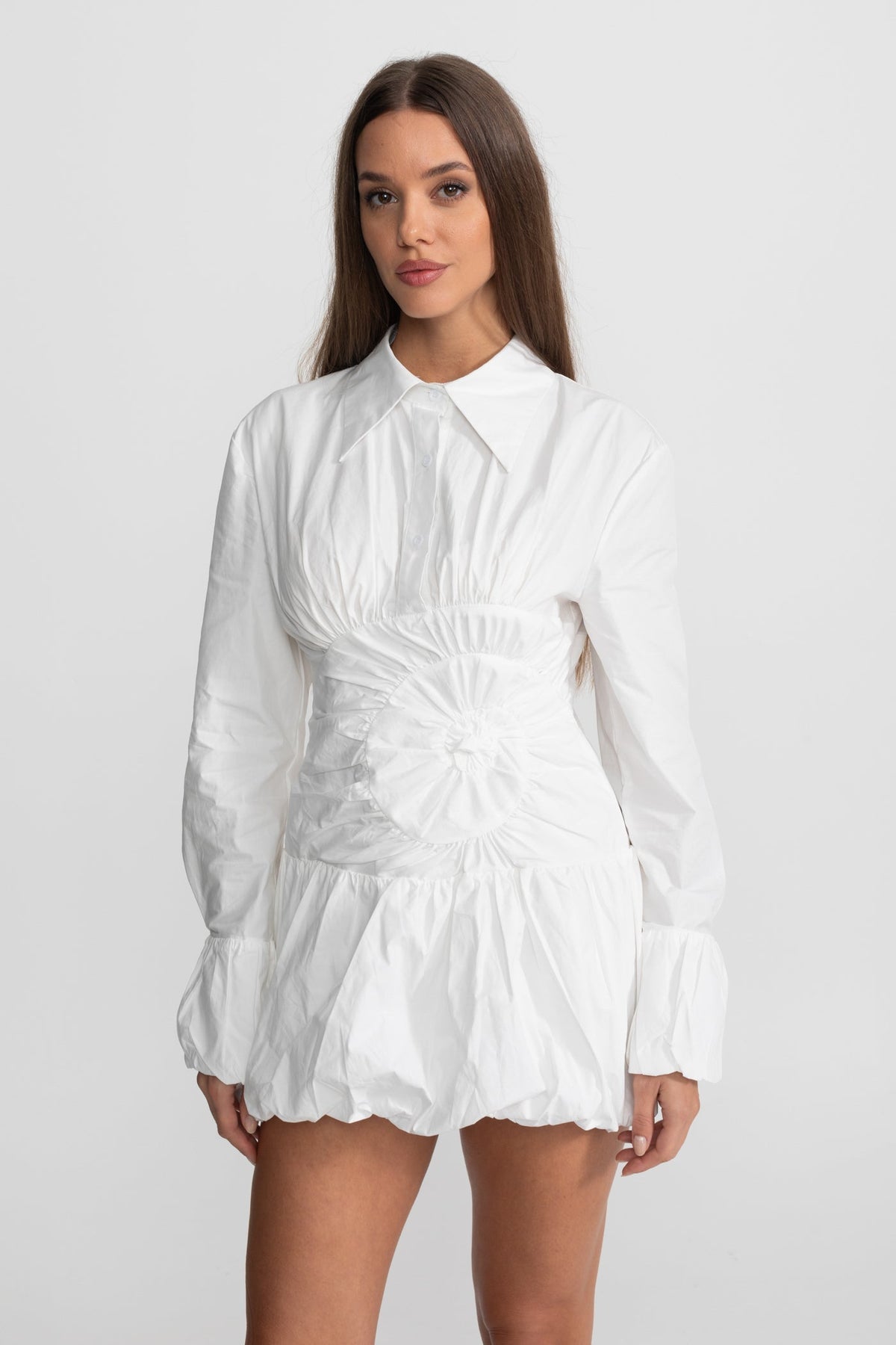 Mini Dress Shirt with Circular Ruched Waist Detail - White
