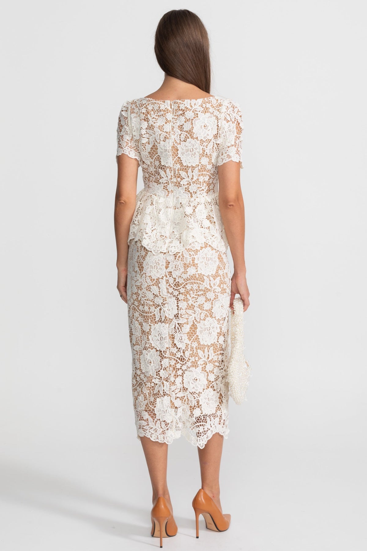Lace Midi Dress with Peplum Waist and Satin Collar - White - View 6