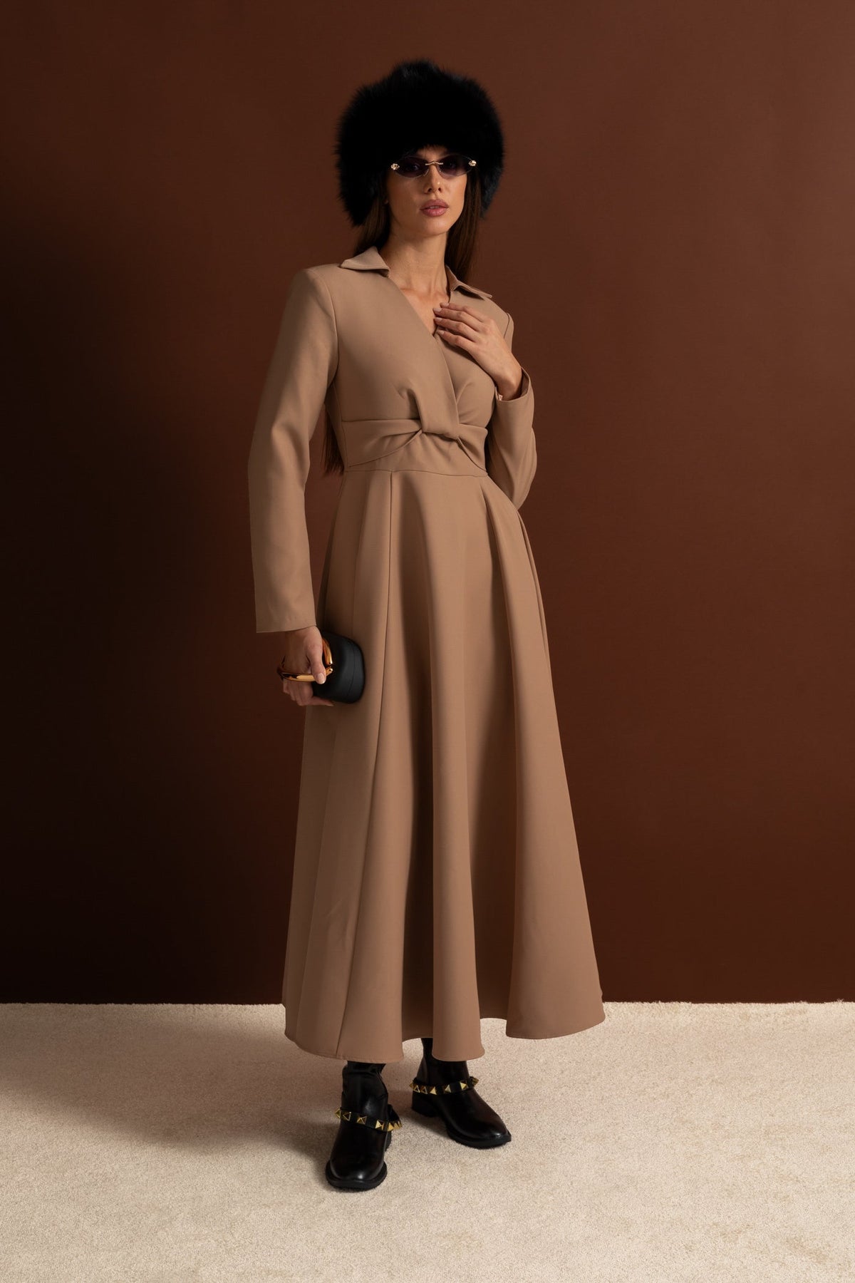 Long Sleeve Deep V Collar Twisted Knotted Waist A-Line Maxi Dress - View 7