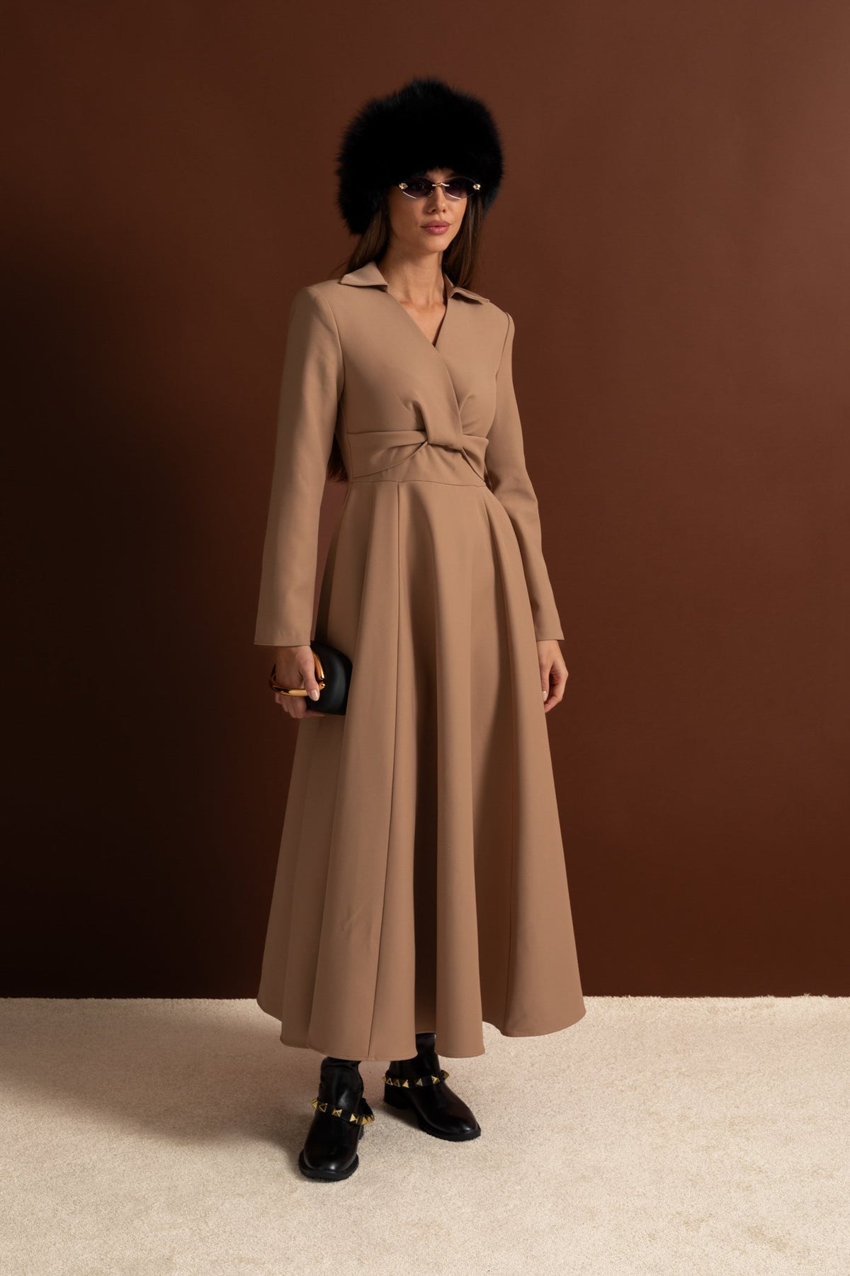 Long Sleeve Deep V Collar Twisted Knotted Waist A-Line Maxi Dress - View 8