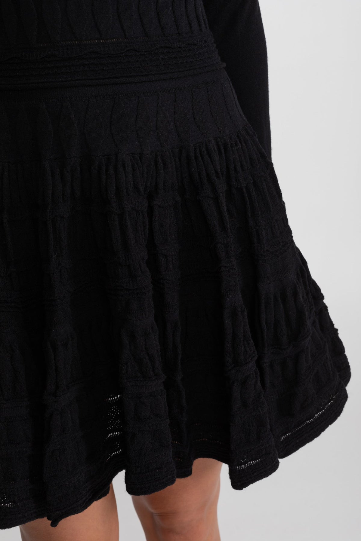 Textured Knit Mini Dress with Flared Skirt - Black - View 6