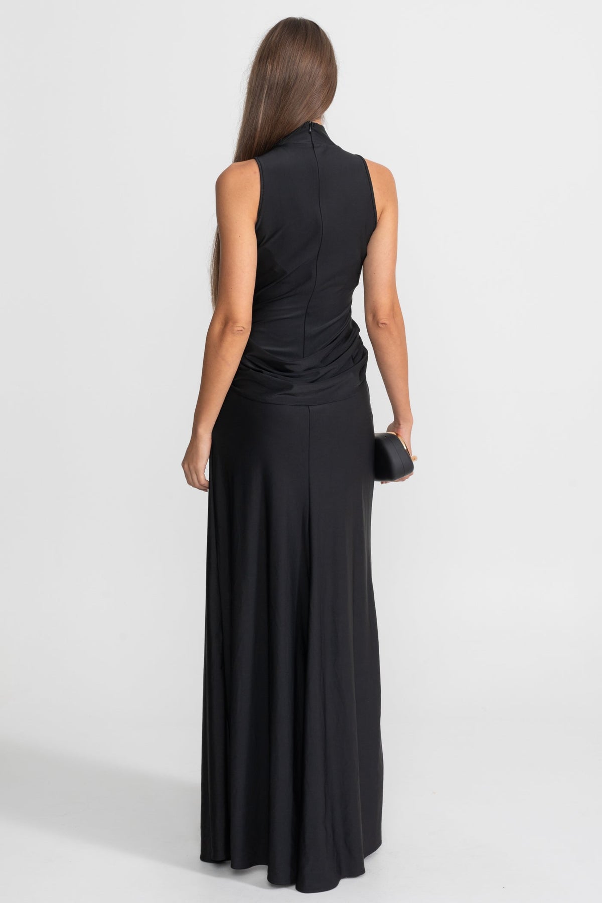 Ruched Waist High Split Maxi Gown Sleeveless Mock Neck - View 5