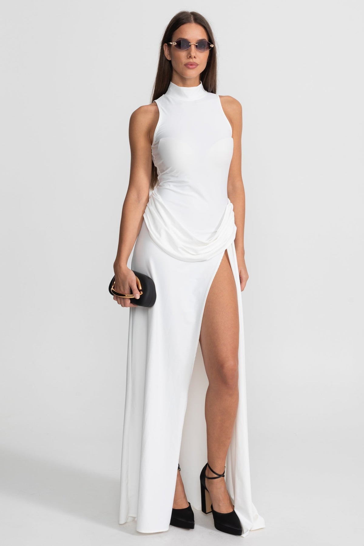 Draped Waist Side Slit Maxi Gown Sleeveless Mock Neck - View 3