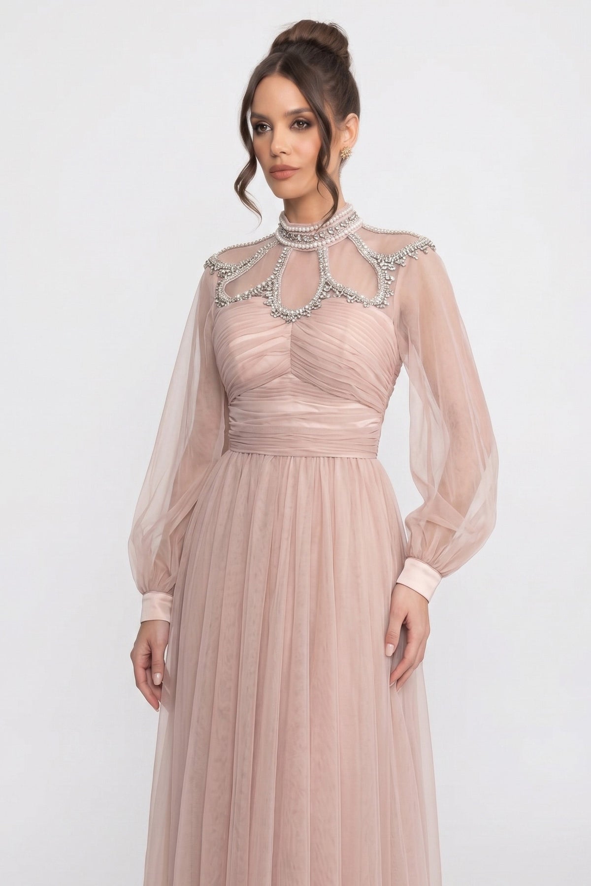 Pearl Collar Mesh Yoke Cut Out Crystal Beaded Maxi Gown - View 3
