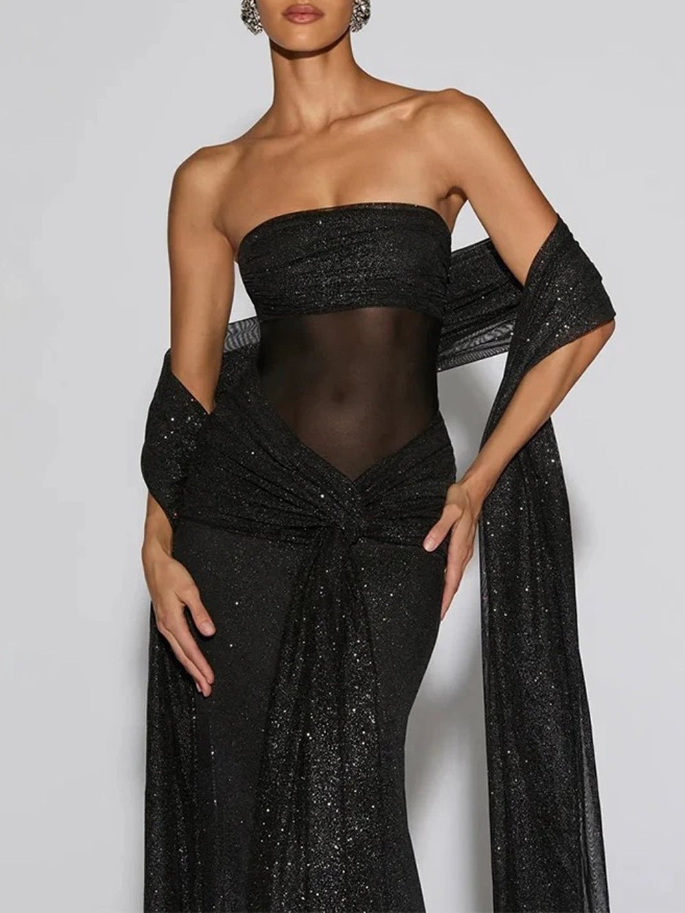 Glitter Strapless Cape Sleeve Cut Out Ruched Mermaid Maxi Gown - View 4