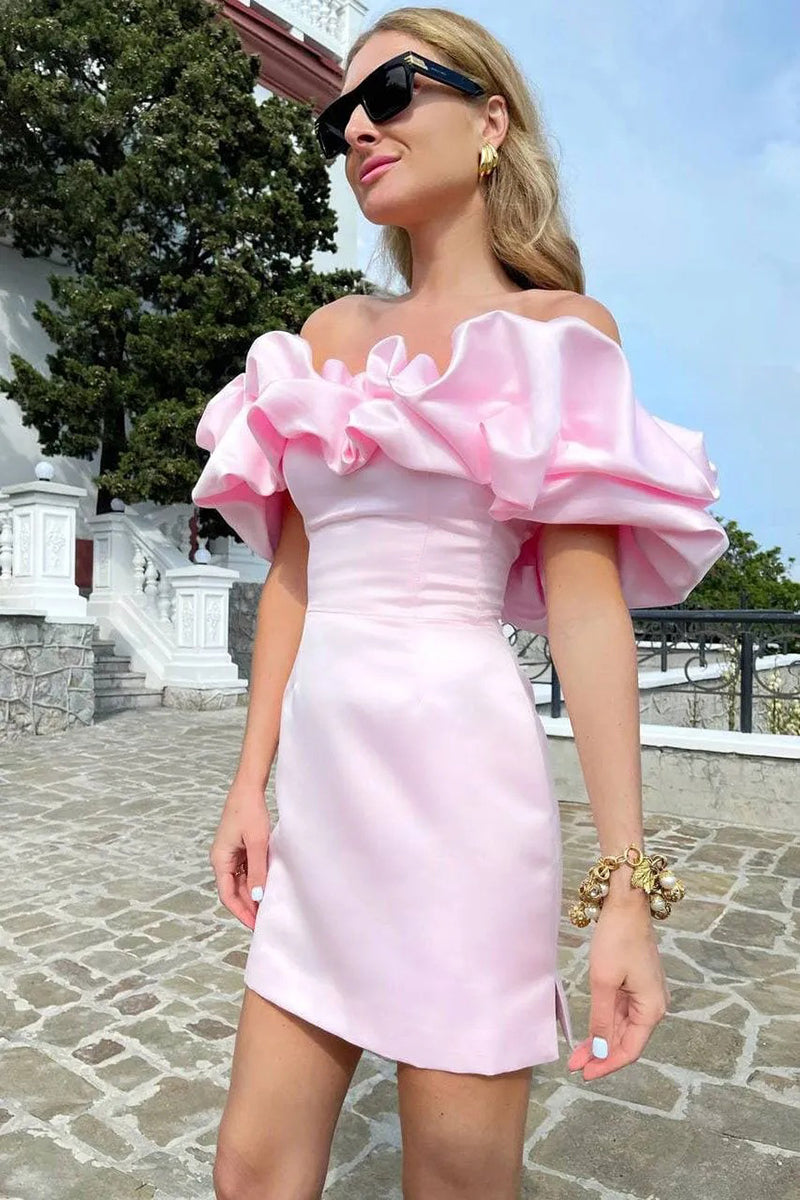 Zari Satin Ruffles Off Shoulder Mini Dress  - Pink - View 2