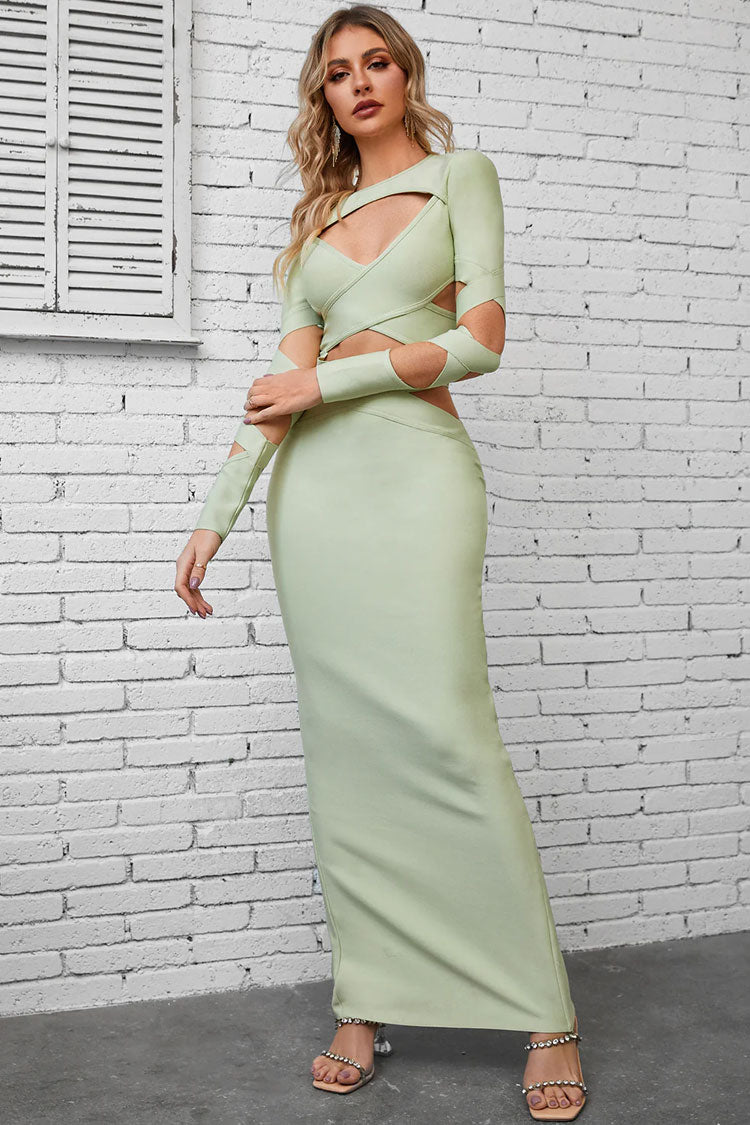 Crew Neck Long Sleeve Bandage Cut Out Bodycon Maxi Dress - View 4