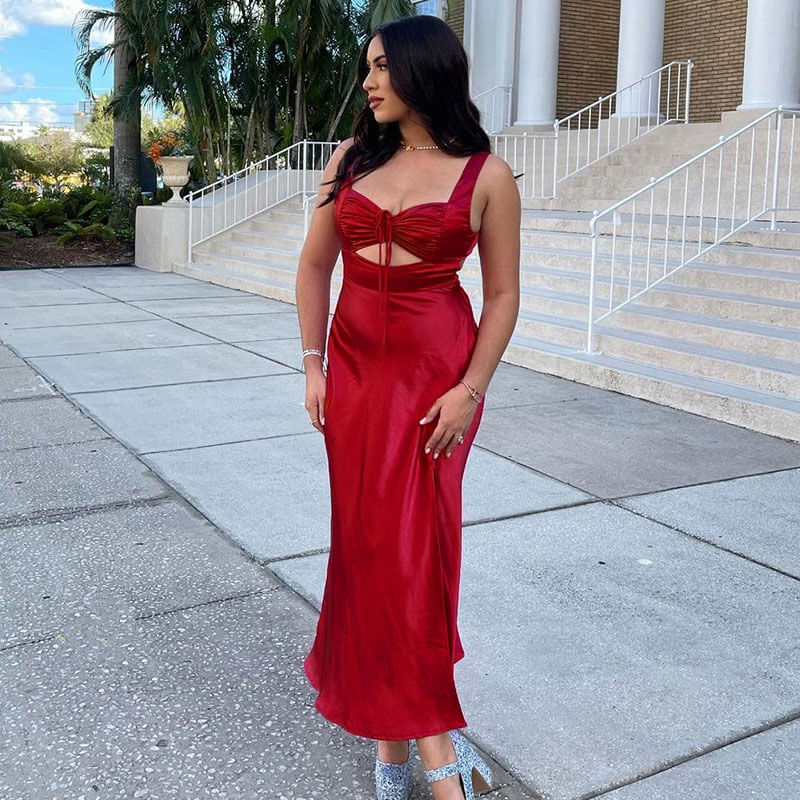 Cut Out Drawstring Lace Up Open Back Sleeveless Maxi Dress - Red - View 2