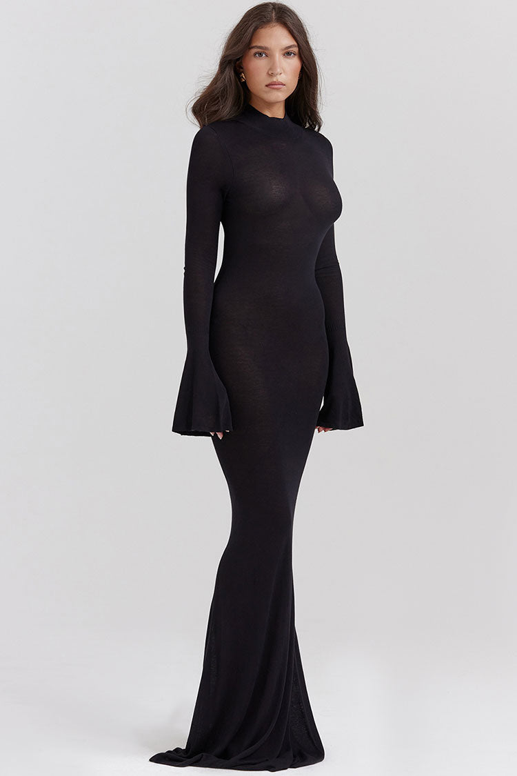 Mesh Mock Neck Bell Sleeve Sheer Knit Bodycon Maxi Gown - View 3