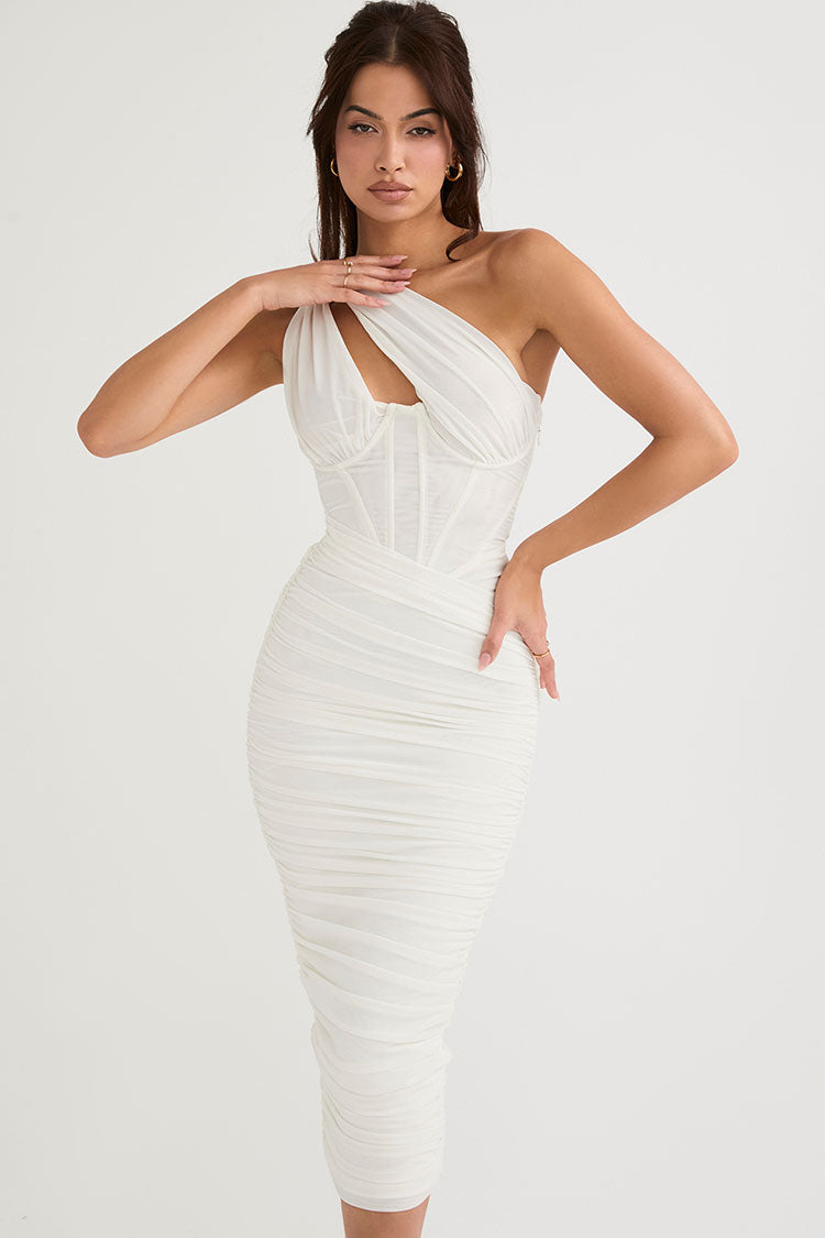 Mesh One Shoulder Cut Out Ruched Corset Bodycon Midi Dress - View 2