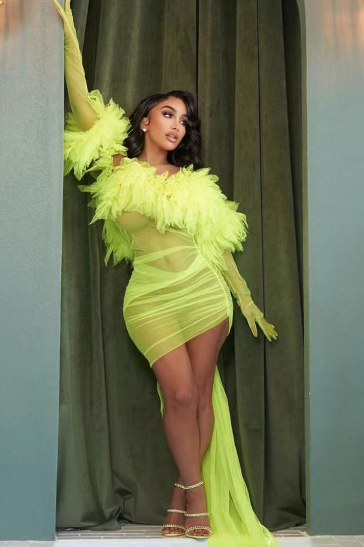 Gloved Ruffle Off Shoulder Draped Sheer Mini Dress - Neon Yellow
