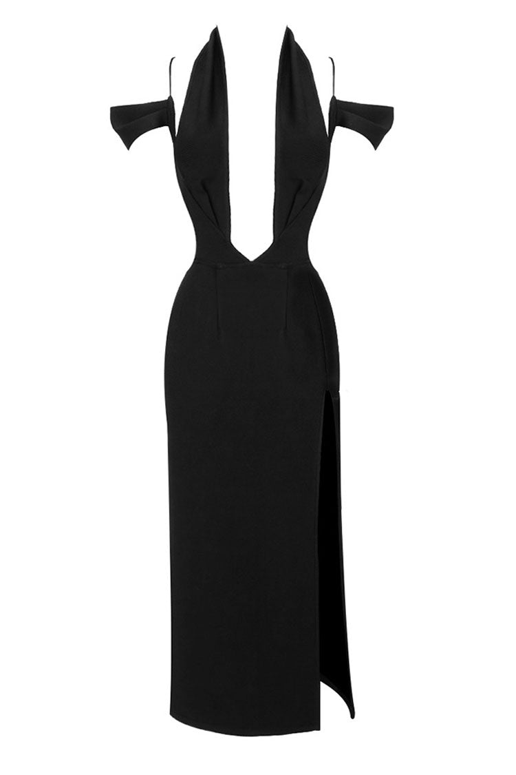 Bandage Halter Deep V-Neck Cold Shoulder High Split Midi Dress - View 5