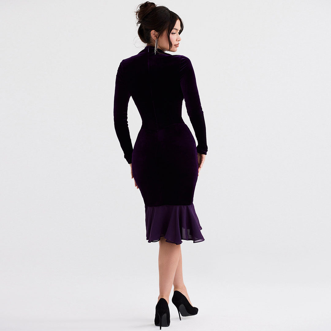 High Low Mesh Panel Ruffle Hem Long Sleeve Velvet Mini Dress - Purple - View 3
