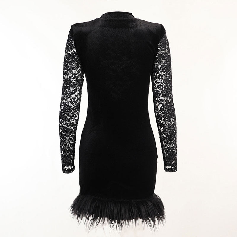 Lace High Neck Long Sleeve Feather Trim Mini Dress - View 5