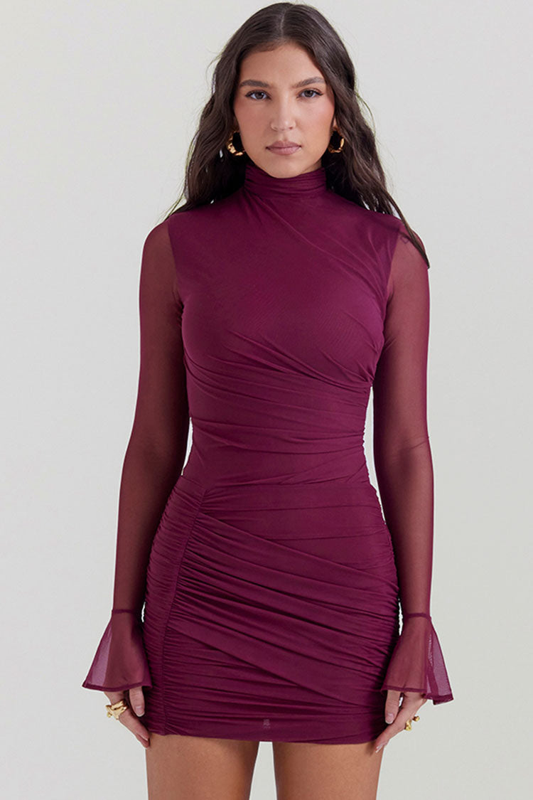 Mesh High Neck Long Sleeve Ruched Bodycon Mini Dress - View 4