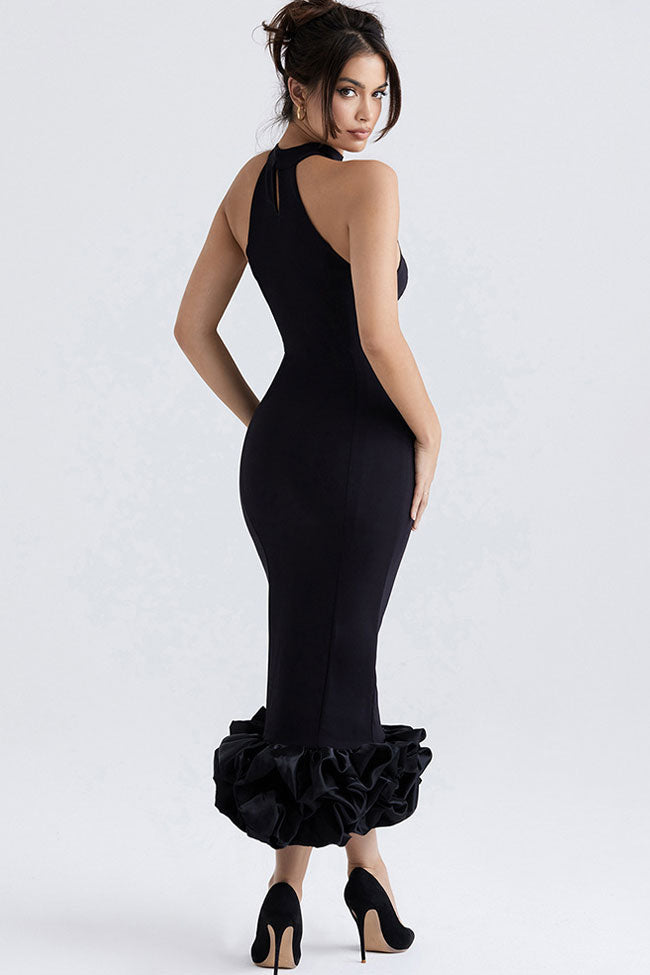 High Neck Sleeveless Ruffle Hem Bodycon Midi Dress - View 5