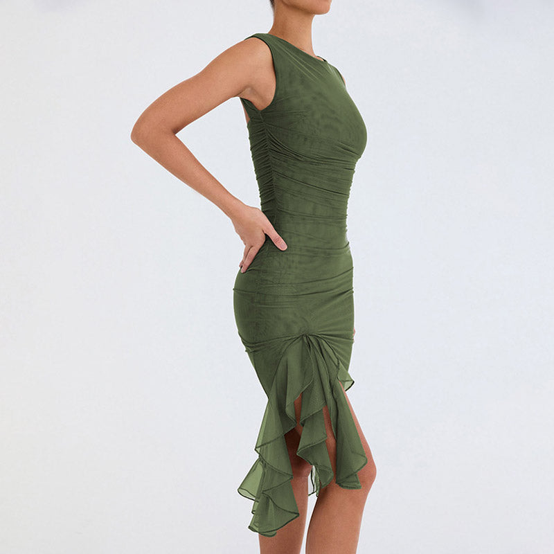 Mesh Ruffle Crew Neck Sleeveless Bodycon Cocktail Midi Dress - View 2