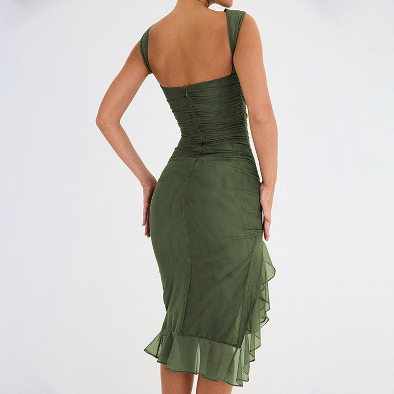Mesh Ruffle Crew Neck Sleeveless Bodycon Cocktail Midi Dress - View 3
