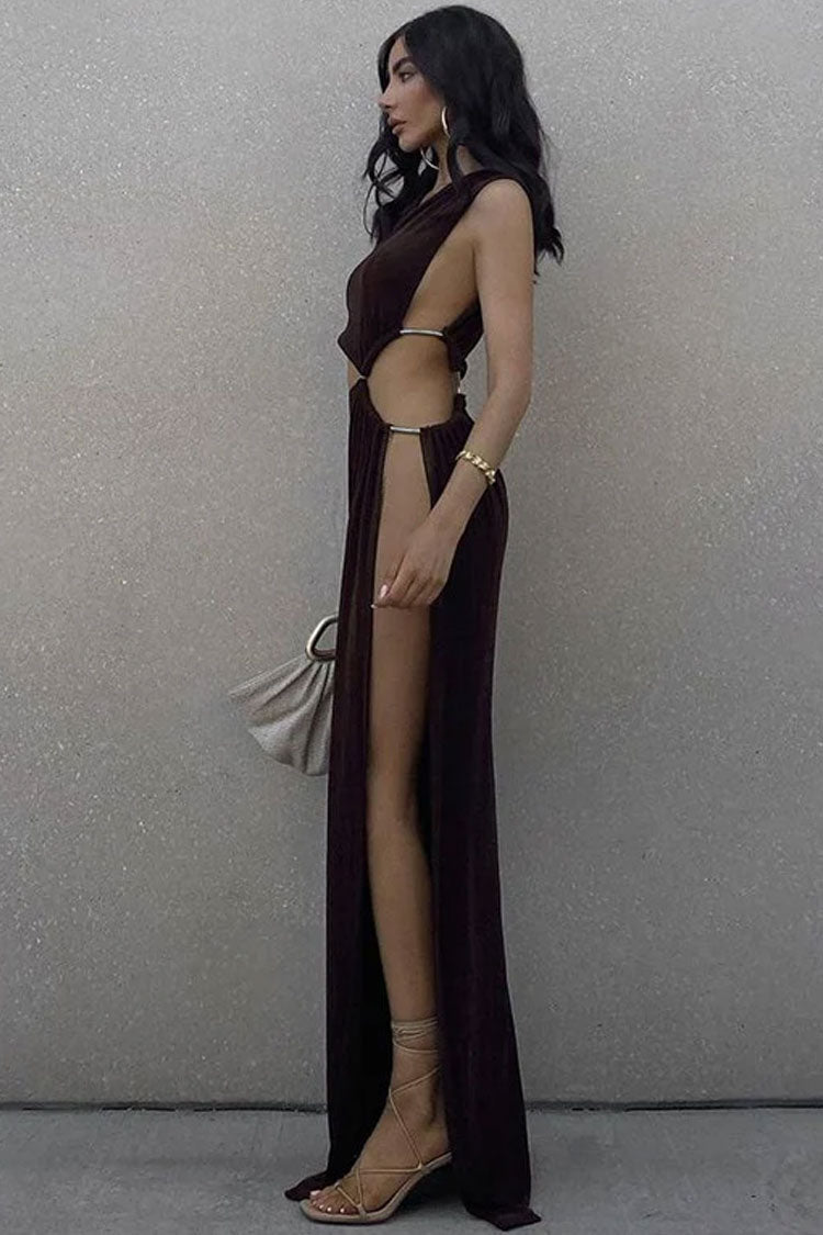 One Shoulder Cutout High Slit Sheer Maxi Dress - Brown - View 4