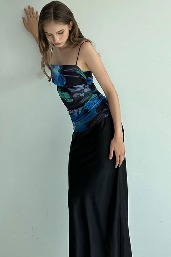 Printed Ruched Mesh Satin Split Cocktail Party Midi Dress - Black - View 2