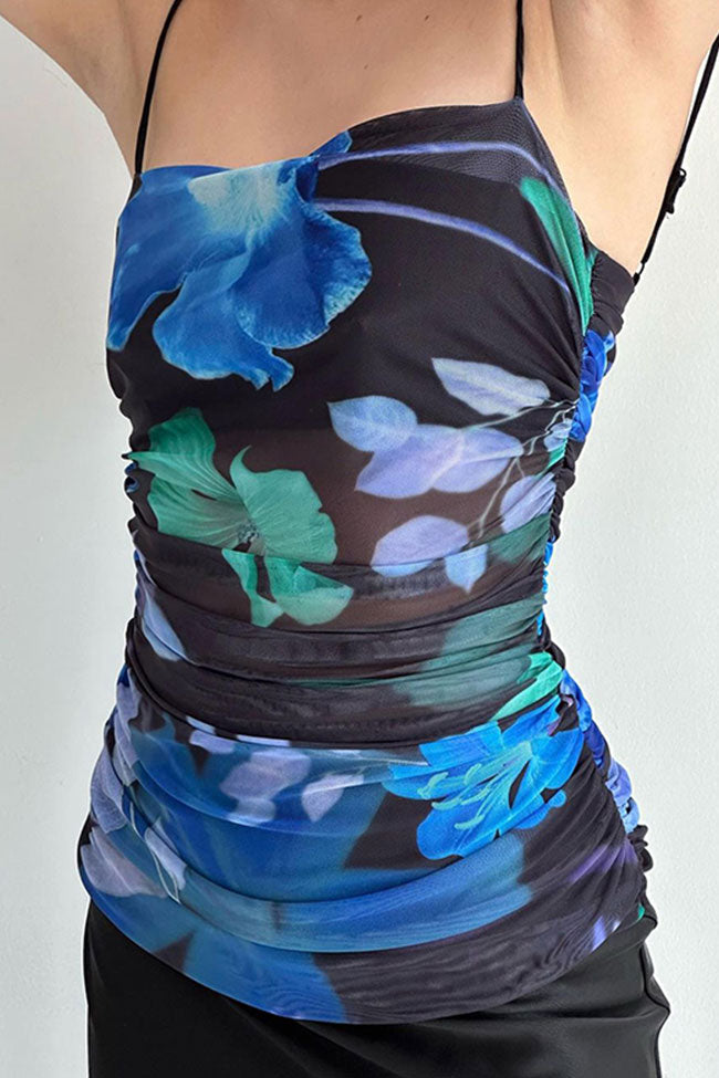 Printed Ruched Mesh Satin Split Cocktail Party Midi Dress - Black - View 3