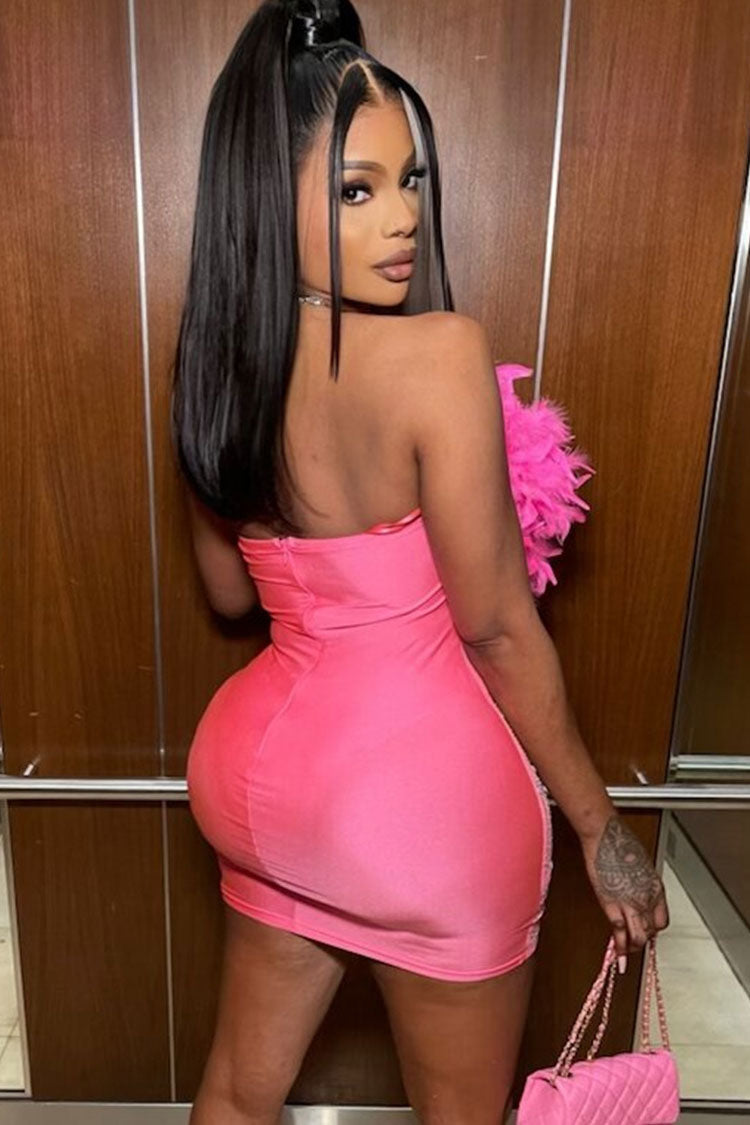Rhinestone Sheer Mesh Panel Feather Party Mini Dress - Hot Pink - View 3