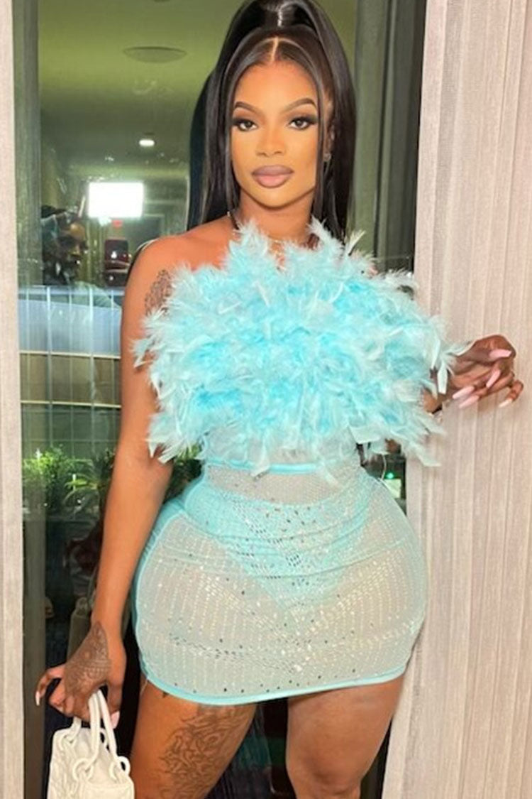 Rhinestone Sheer Mesh Panel Feather Party Mini Dress - Lake Blue