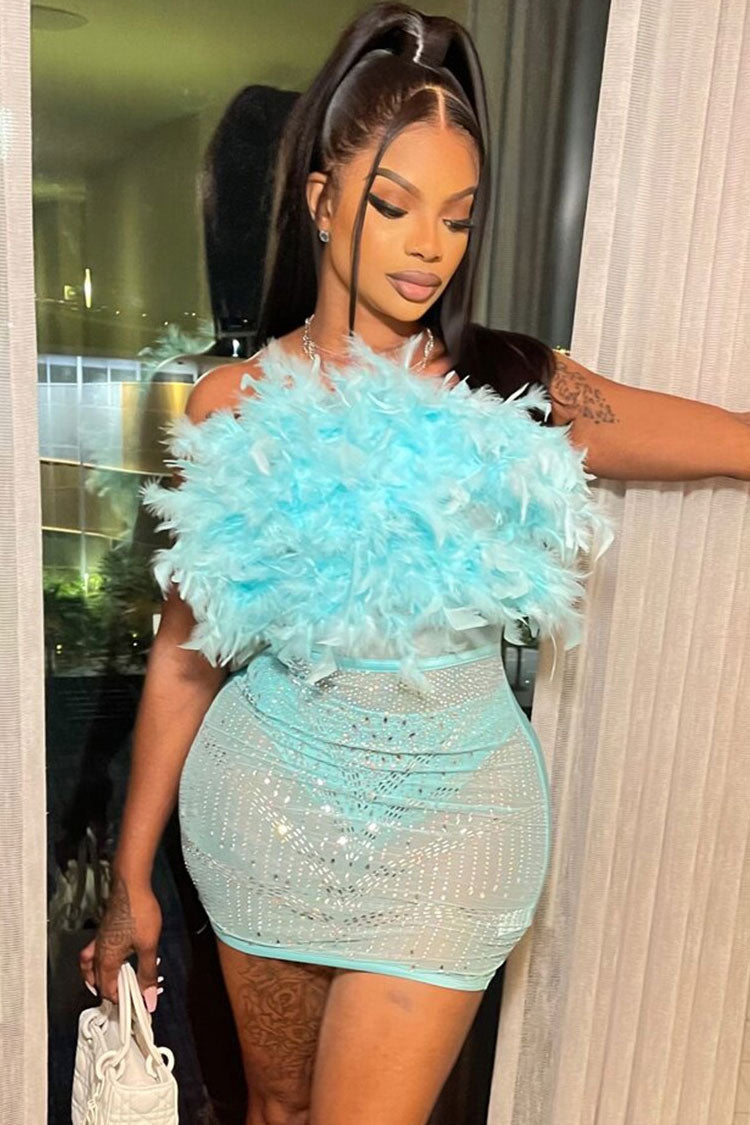 Rhinestone Sheer Mesh Panel Feather Party Mini Dress - Lake Blue - View 2