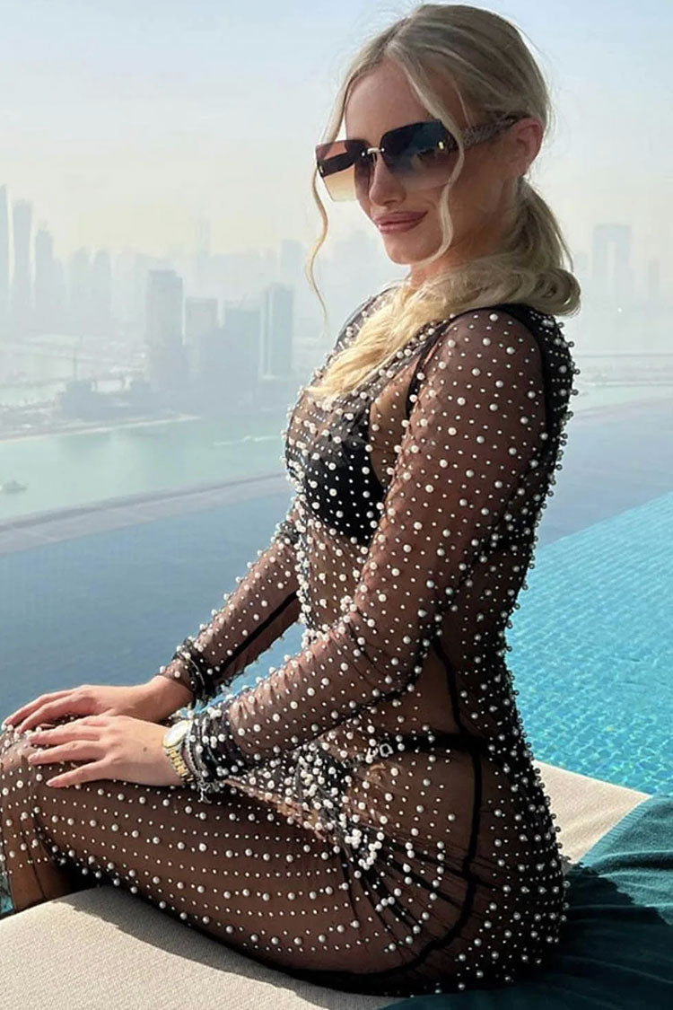 Round Neck Long Sleeve Faux Pearl Split Sheer Mesh Maxi Dress - Black - View 3