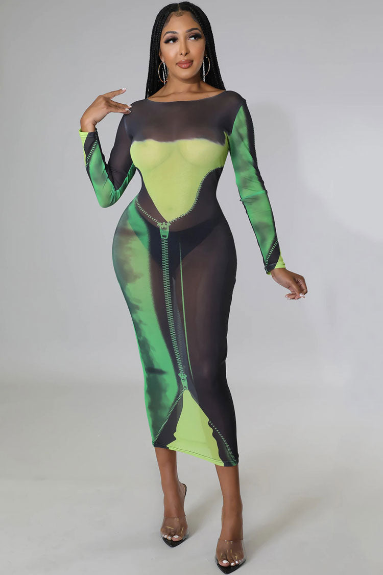 Round Neck Tie Dye Printed Long Sleeve Sheer Midi Dress - Green - View 2